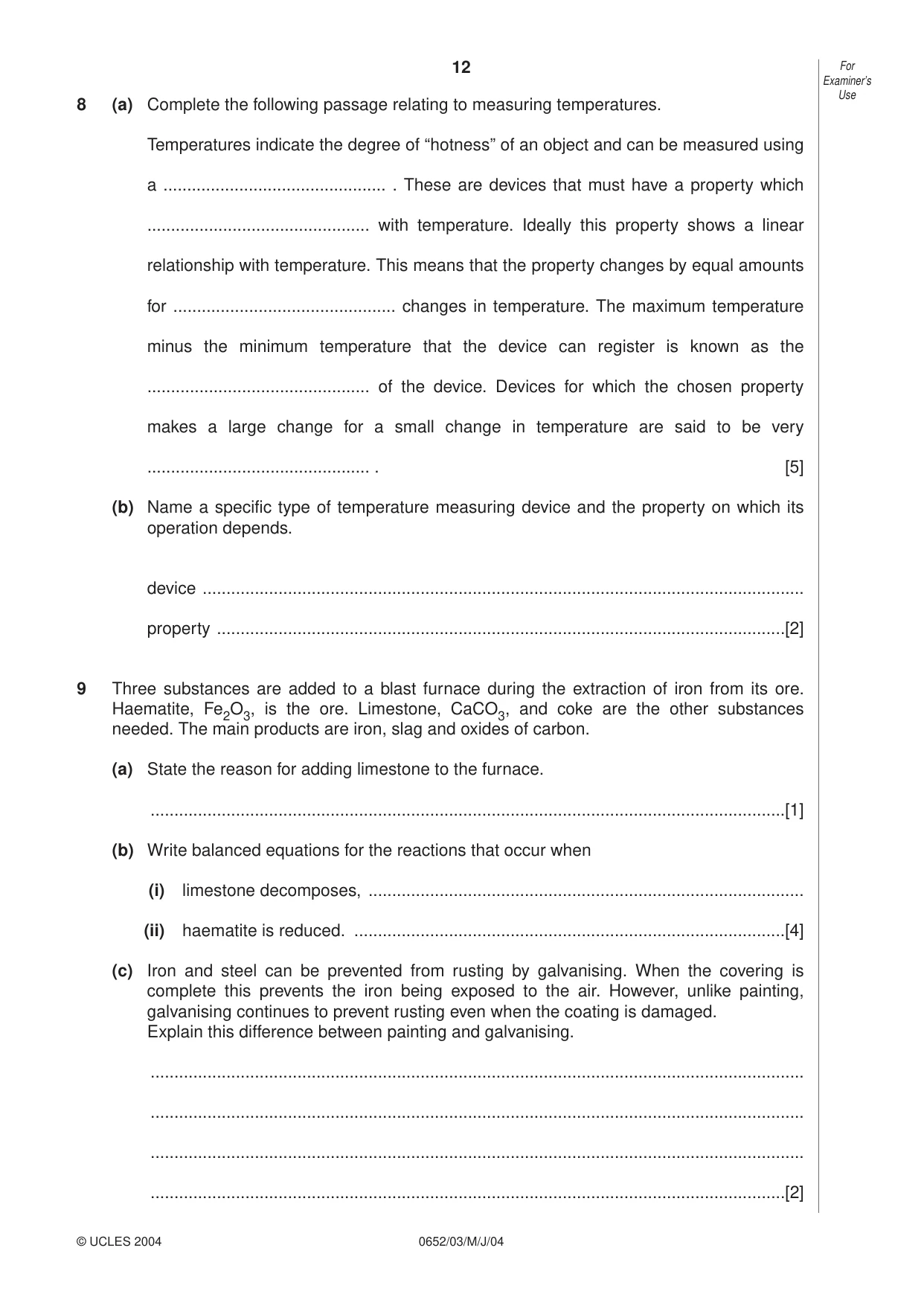 Cambridge IGCSE Physical Science 0652 2004 May/June Paper 3 · Variant 1 question paper, page 12 of 16