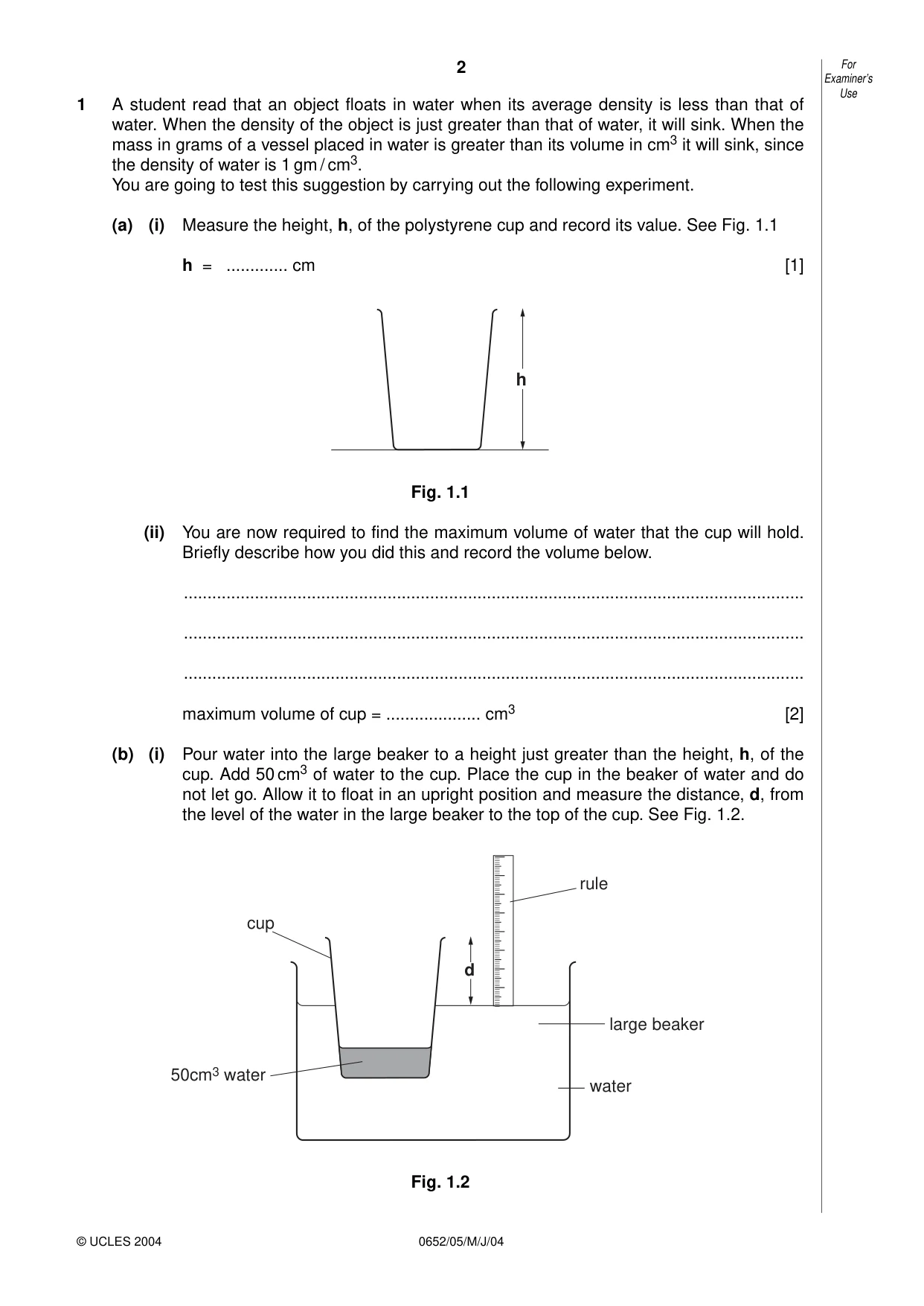 Cambridge IGCSE Physical Science 0652 2004 May/June Paper 5 · Variant 1 question paper, page 2 of 8