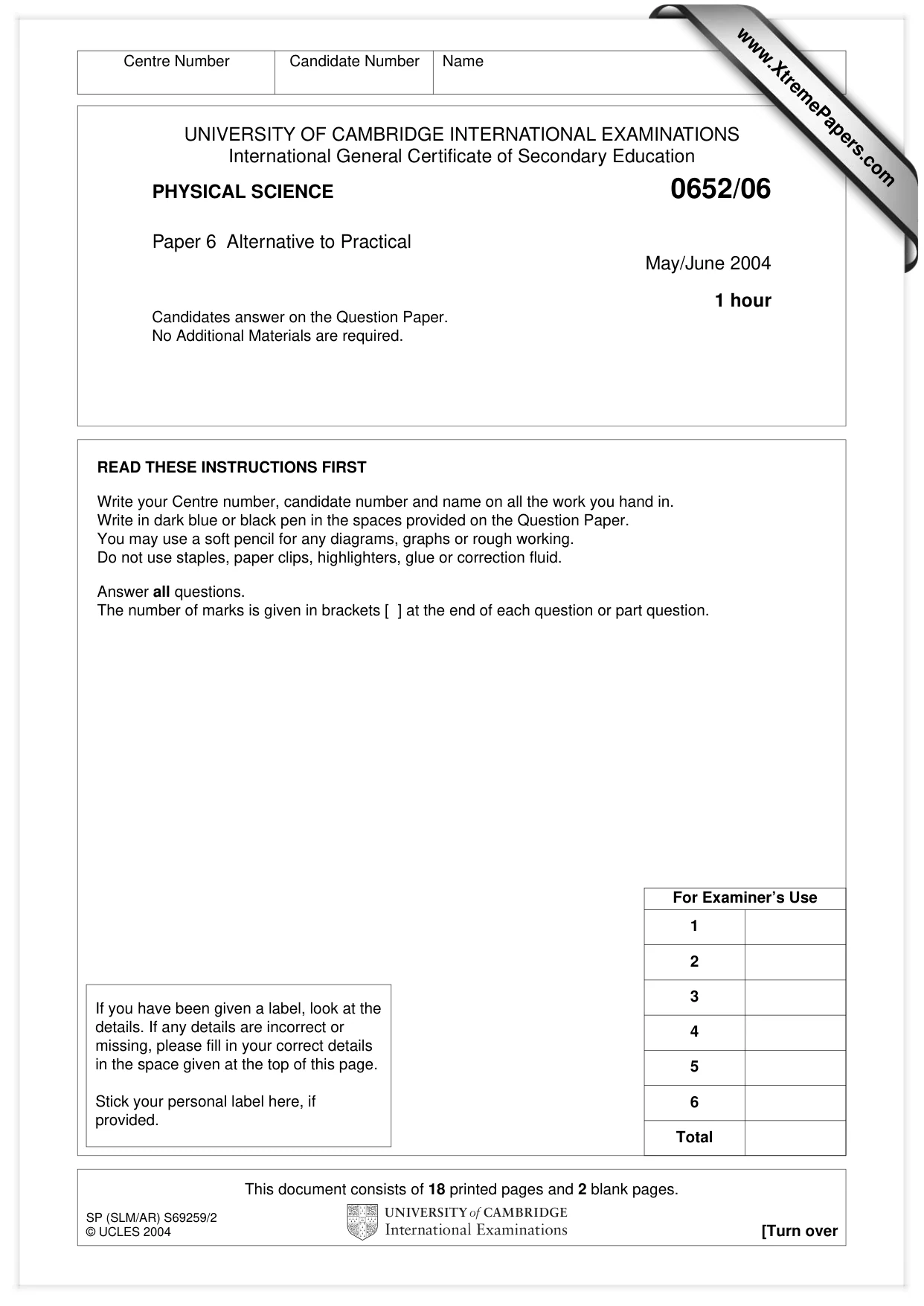 Cambridge IGCSE Physical Science 0652 2004 May/June Paper 6 · Variant 1 question paper, page 1 of 20