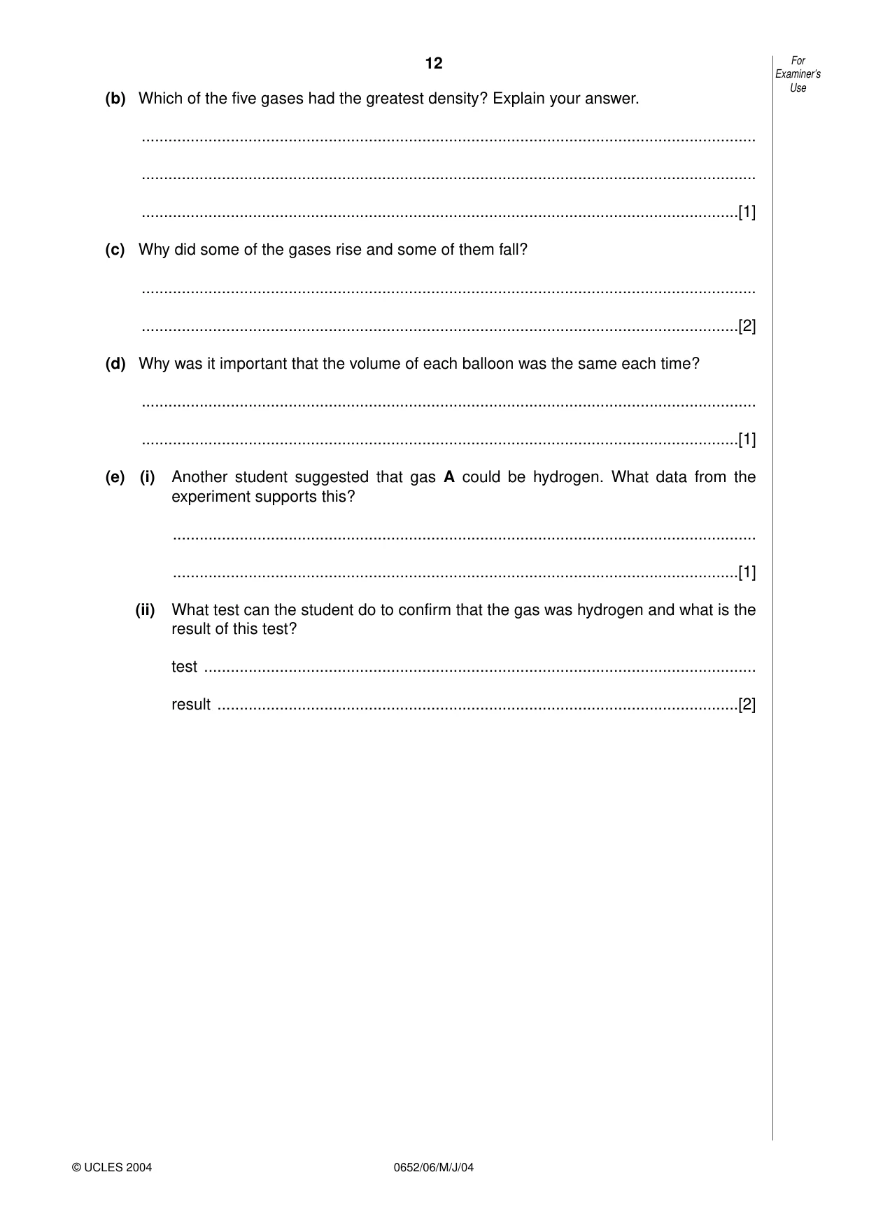 Cambridge IGCSE Physical Science 0652 2004 May/June Paper 6 · Variant 1 question paper, page 12 of 20