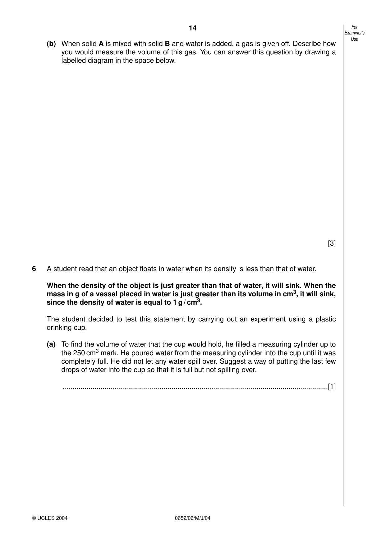 Cambridge IGCSE Physical Science 0652 2004 May/June Paper 6 · Variant 1 question paper, page 14 of 20