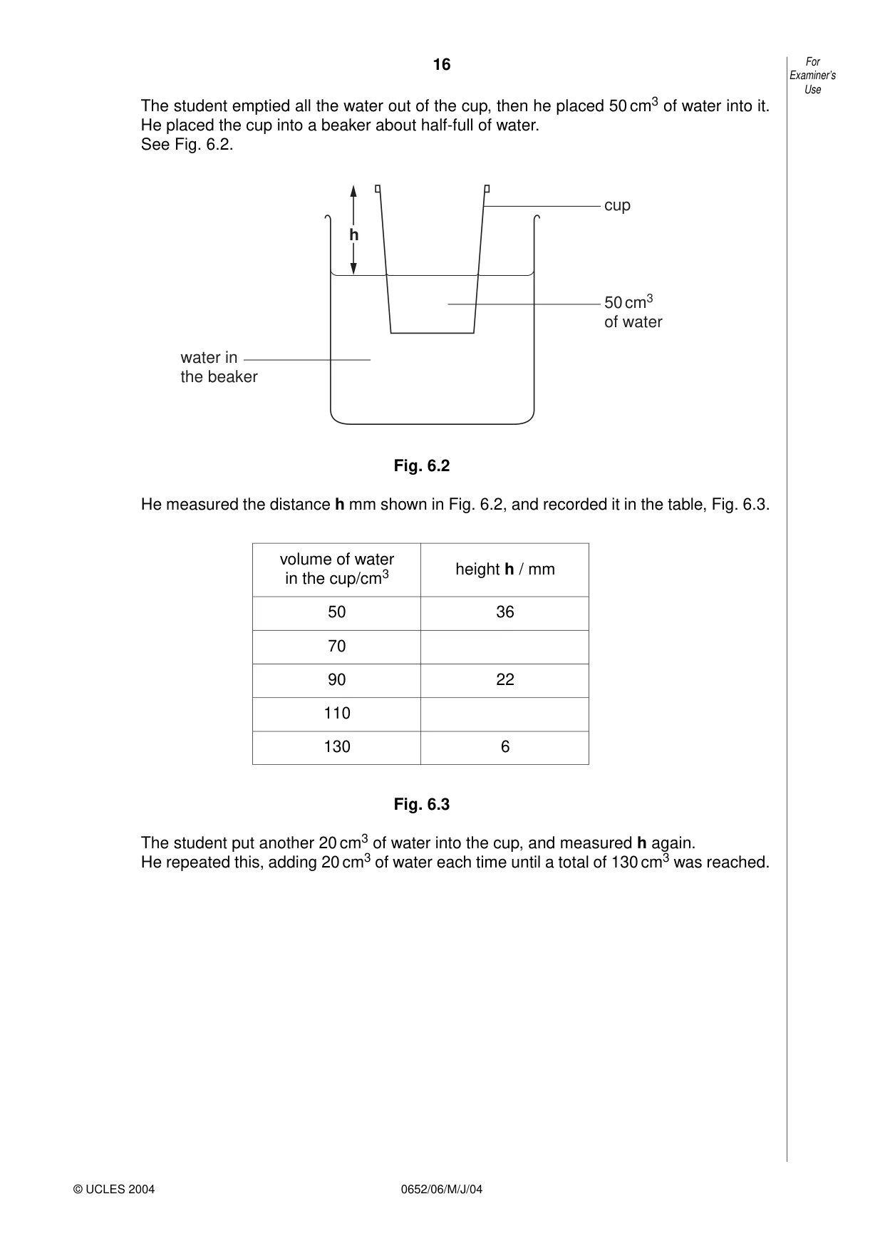Cambridge IGCSE Physical Science 0652 2004 May/June Paper 6 · Variant 1 question paper, page 16 of 20