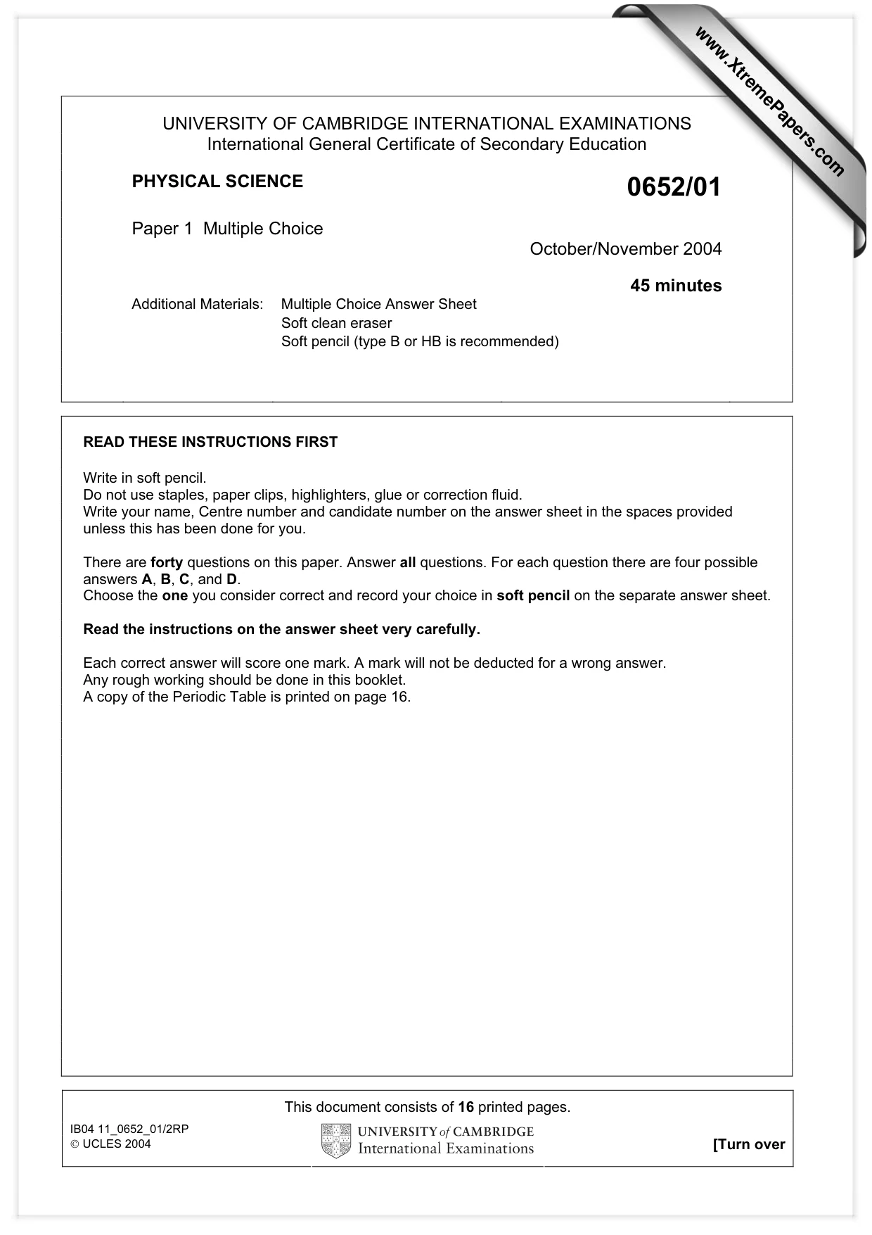 Cambridge IGCSE Physical Science 0652 2004 Oct/Nov Paper 1 · Variant 1 question paper, page 1 of 16