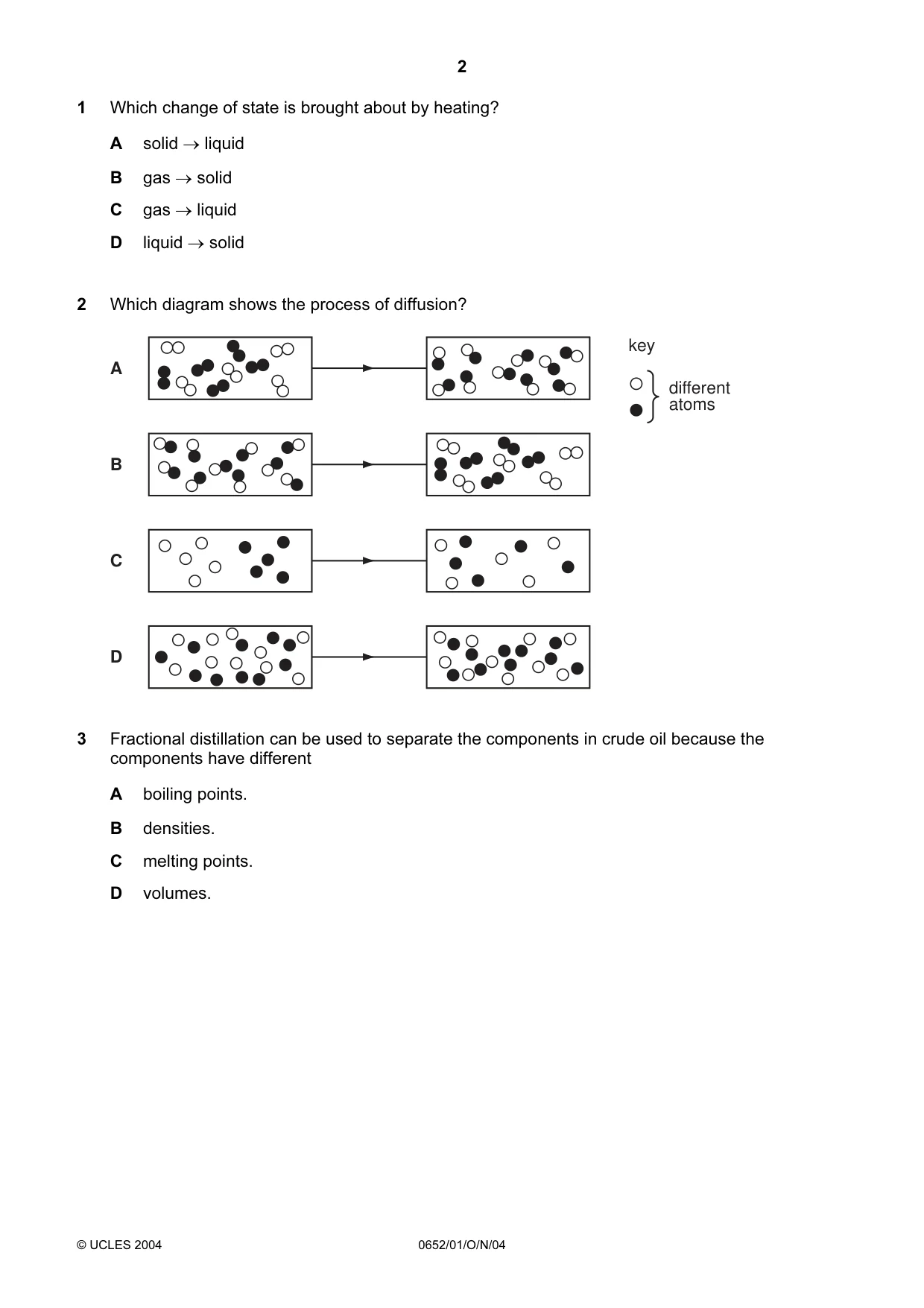 Cambridge IGCSE Physical Science 0652 2004 Oct/Nov Paper 1 · Variant 1 question paper, page 2 of 16