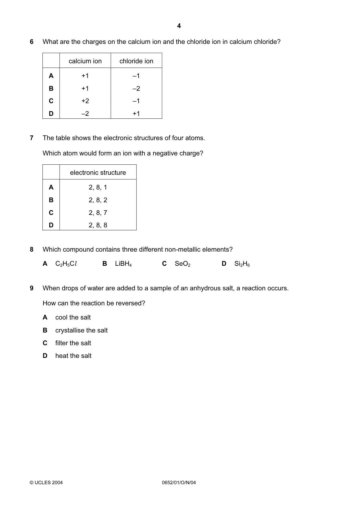 Cambridge IGCSE Physical Science 0652 2004 Oct/Nov Paper 1 · Variant 1 question paper, page 4 of 16
