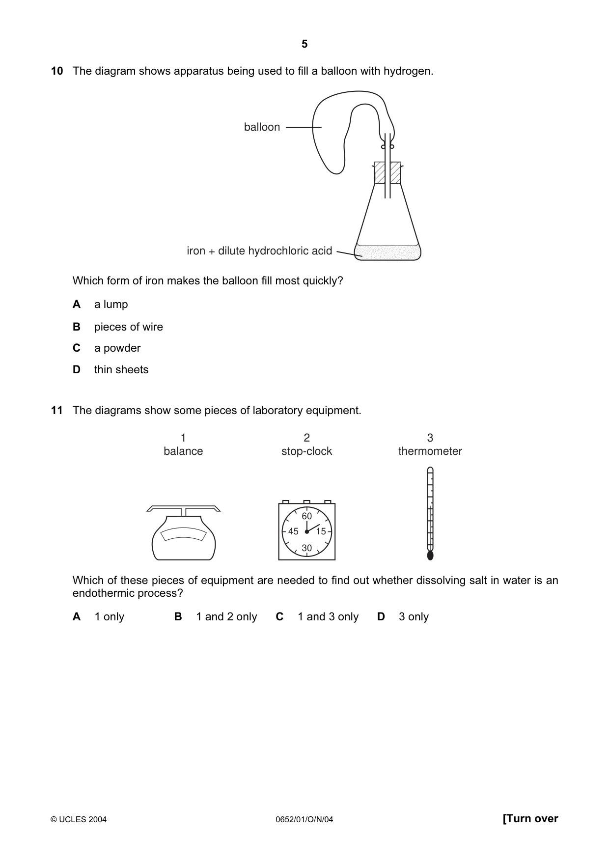 Cambridge IGCSE Physical Science 0652 2004 Oct/Nov Paper 1 · Variant 1 question paper, page 5 of 16