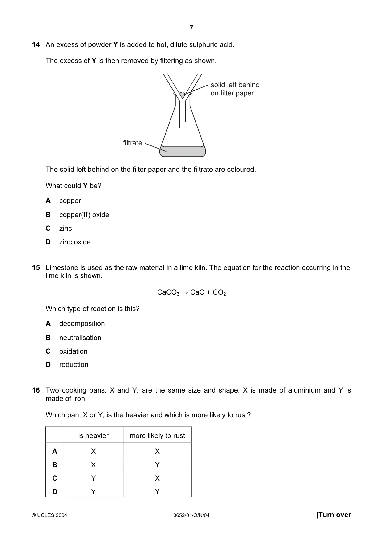Cambridge IGCSE Physical Science 0652 2004 Oct/Nov Paper 1 · Variant 1 question paper, page 7 of 16
