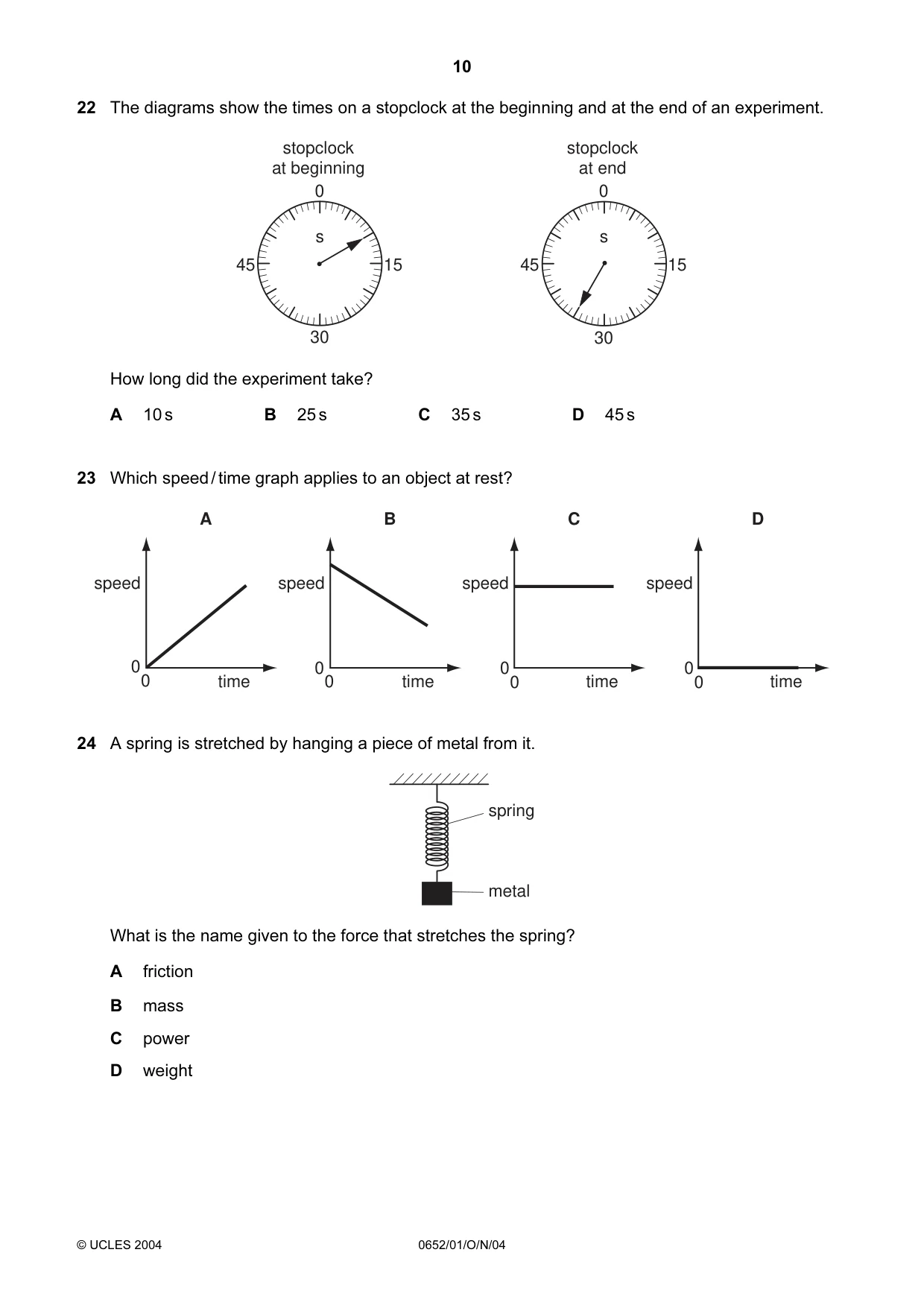 Cambridge IGCSE Physical Science 0652 2004 Oct/Nov Paper 1 · Variant 1 question paper, page 10 of 16