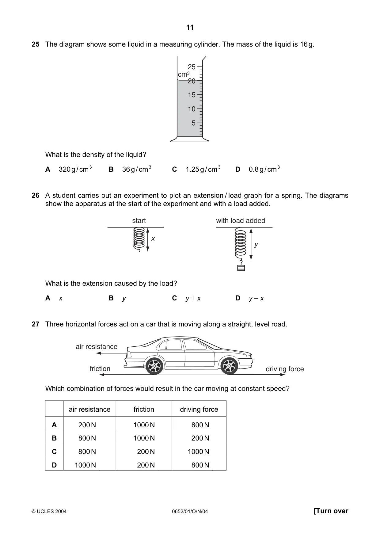 Cambridge IGCSE Physical Science 0652 2004 Oct/Nov Paper 1 · Variant 1 question paper, page 11 of 16