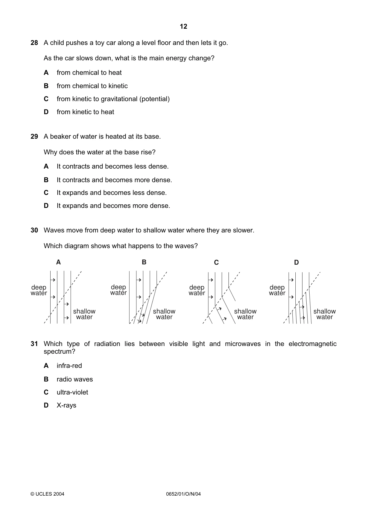 Cambridge IGCSE Physical Science 0652 2004 Oct/Nov Paper 1 · Variant 1 question paper, page 12 of 16