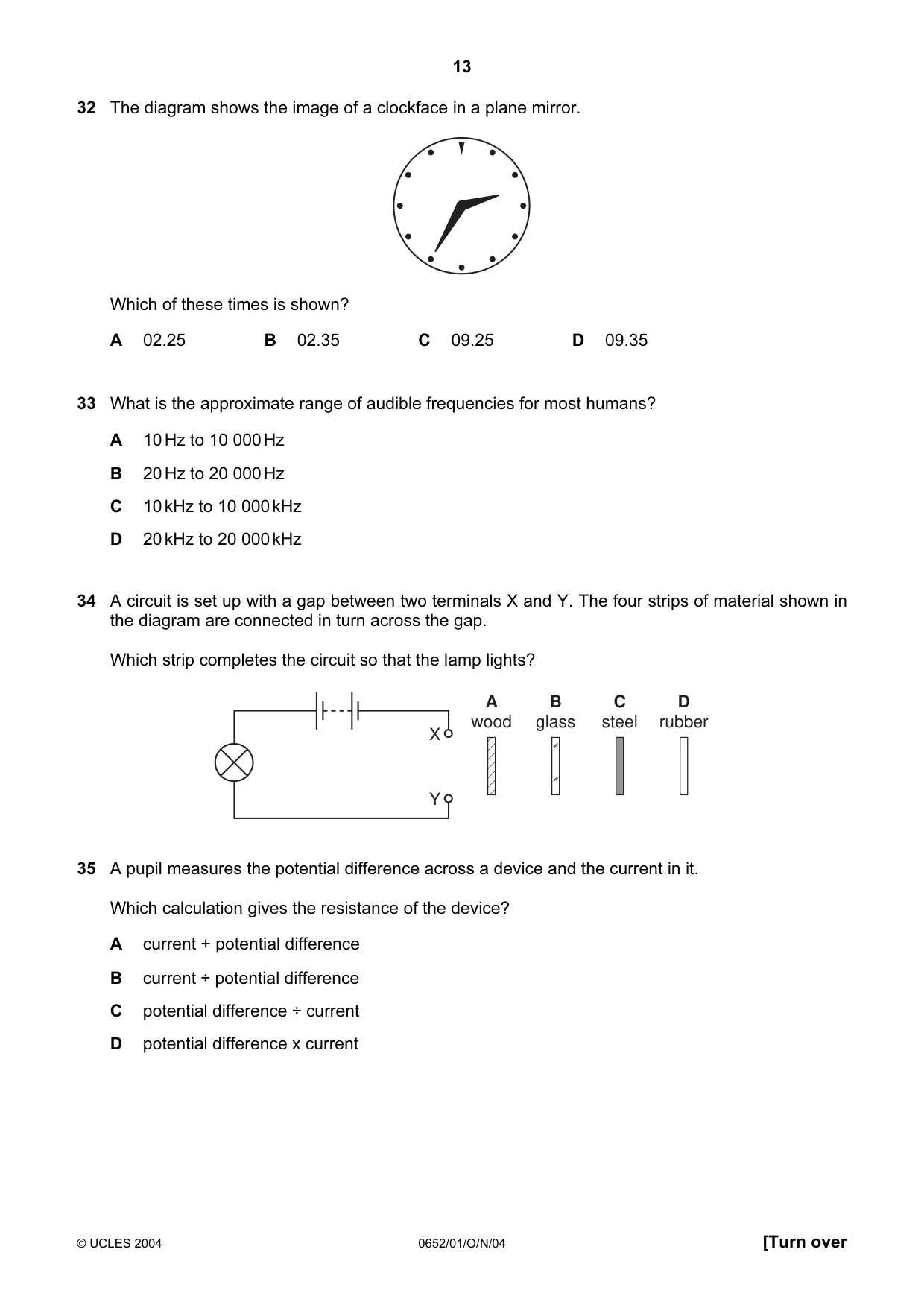 Cambridge IGCSE Physical Science 0652 2004 Oct/Nov Paper 1 · Variant 1 question paper, page 13 of 16