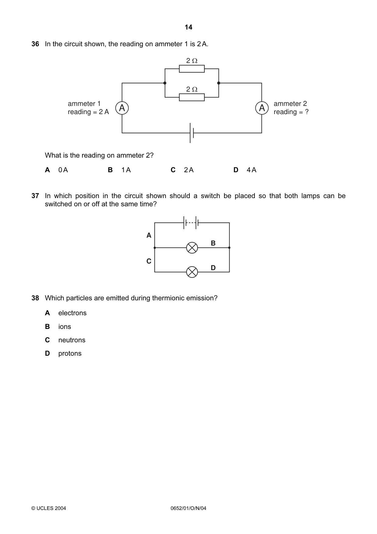 Cambridge IGCSE Physical Science 0652 2004 Oct/Nov Paper 1 · Variant 1 question paper, page 14 of 16