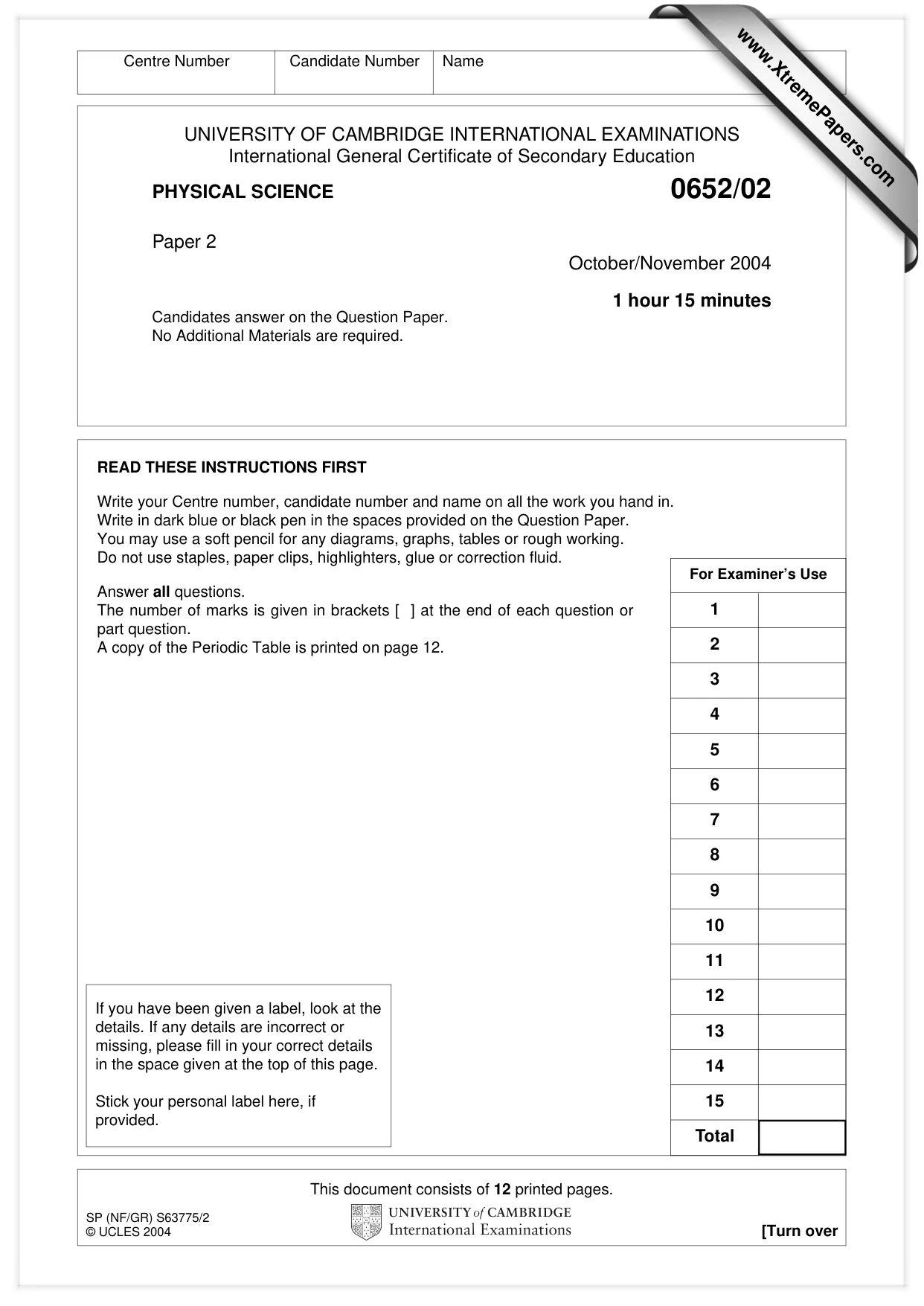Cambridge IGCSE Physical Science 0652 2004 Oct/Nov Paper 2 · Variant 1 question paper, page 1 of 12