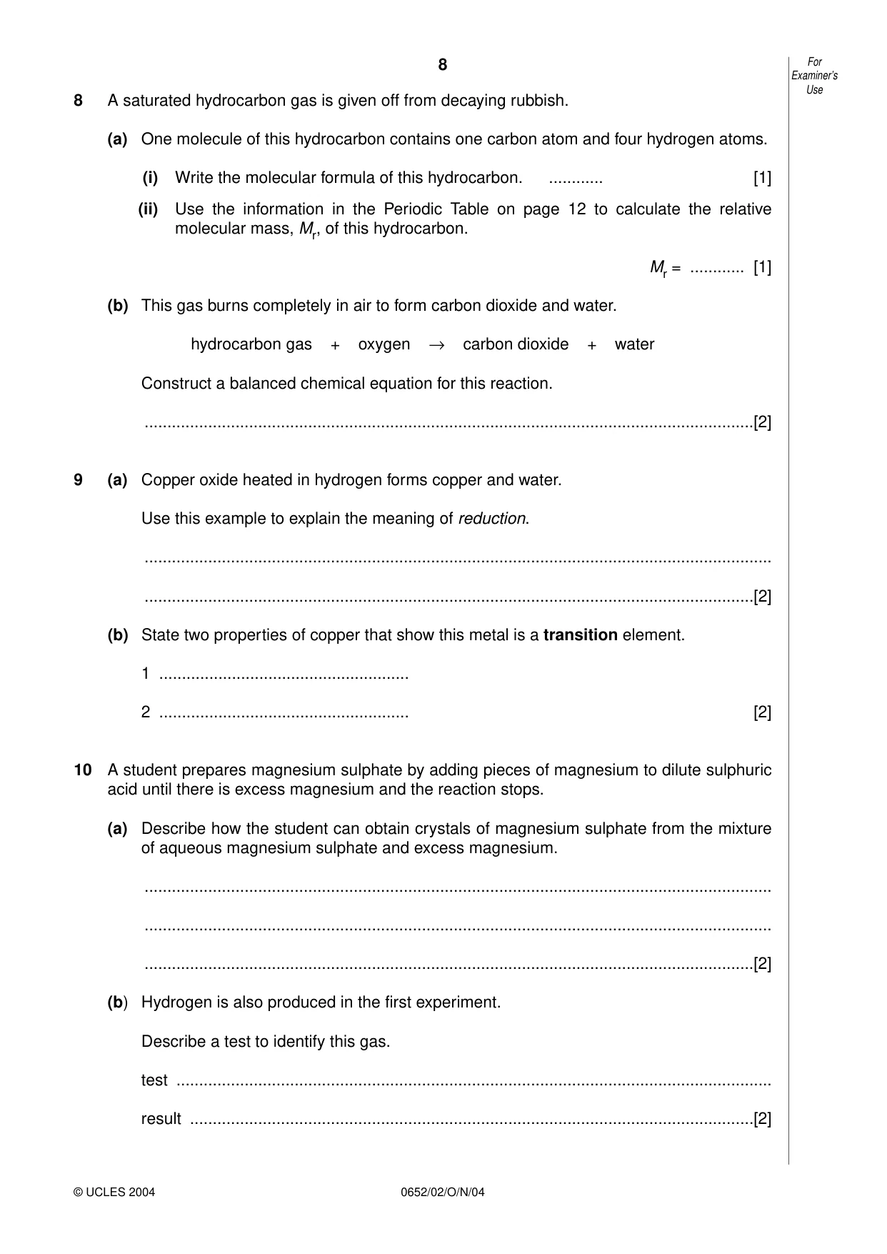 Cambridge IGCSE Physical Science 0652 2004 Oct/Nov Paper 2 · Variant 1 question paper, page 8 of 12