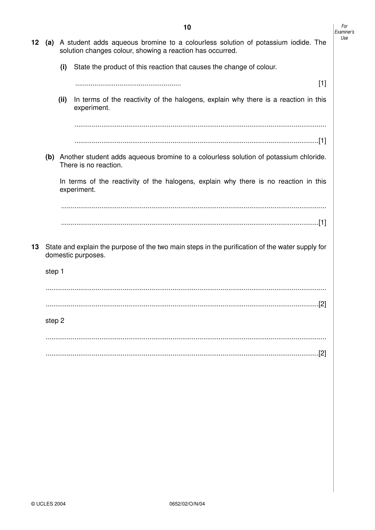 Cambridge IGCSE Physical Science 0652 2004 Oct/Nov Paper 2 · Variant 1 question paper, page 10 of 12