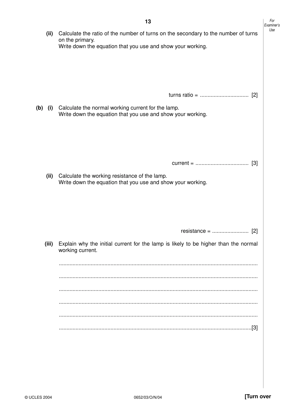 Cambridge IGCSE Physical Science 0652 2004 Oct/Nov Paper 3 · Variant 1 question paper, page 13 of 16