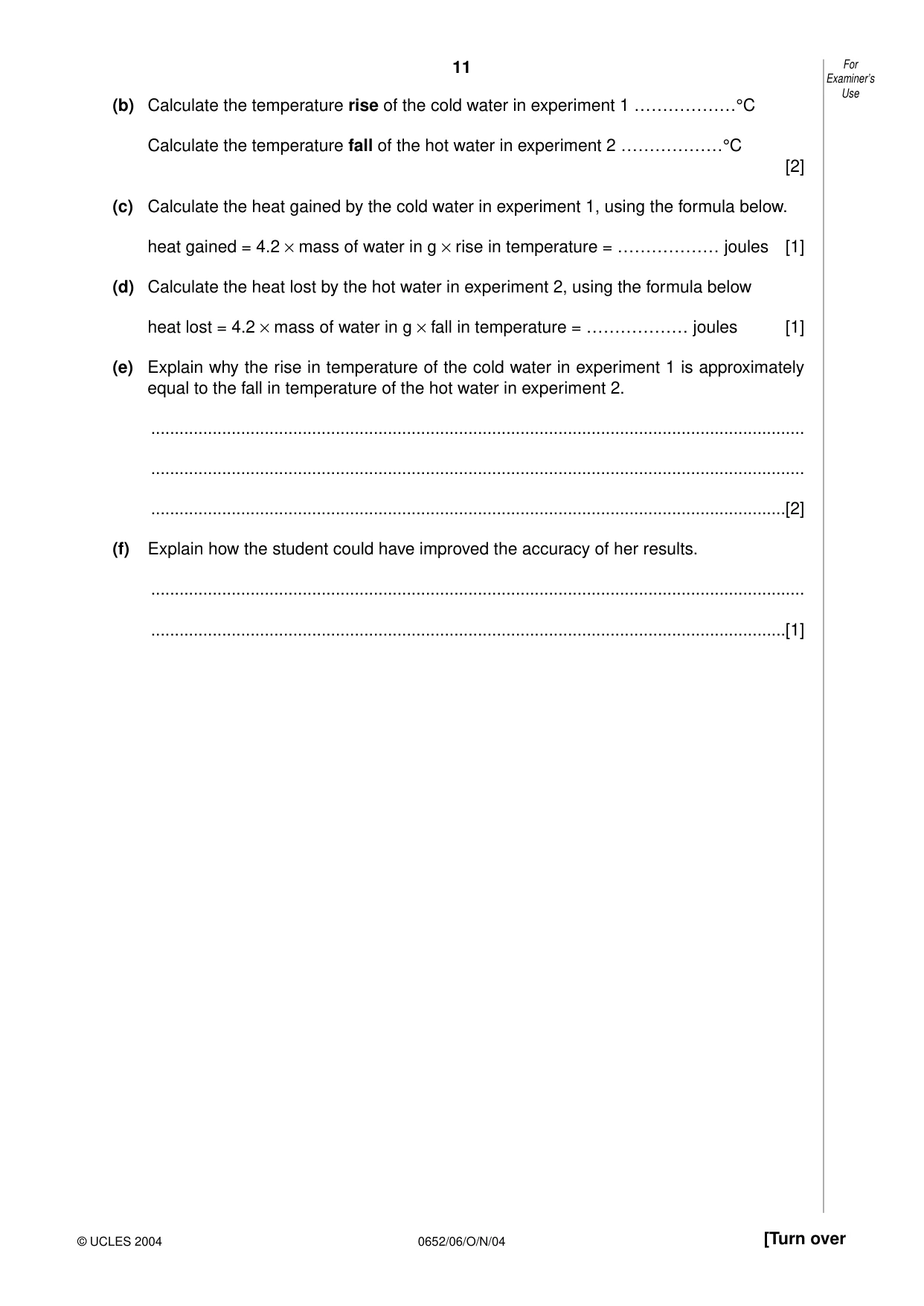 Cambridge IGCSE Physical Science 0652 2004 Oct/Nov Paper 6 · Variant 1 question paper, page 11 of 16
