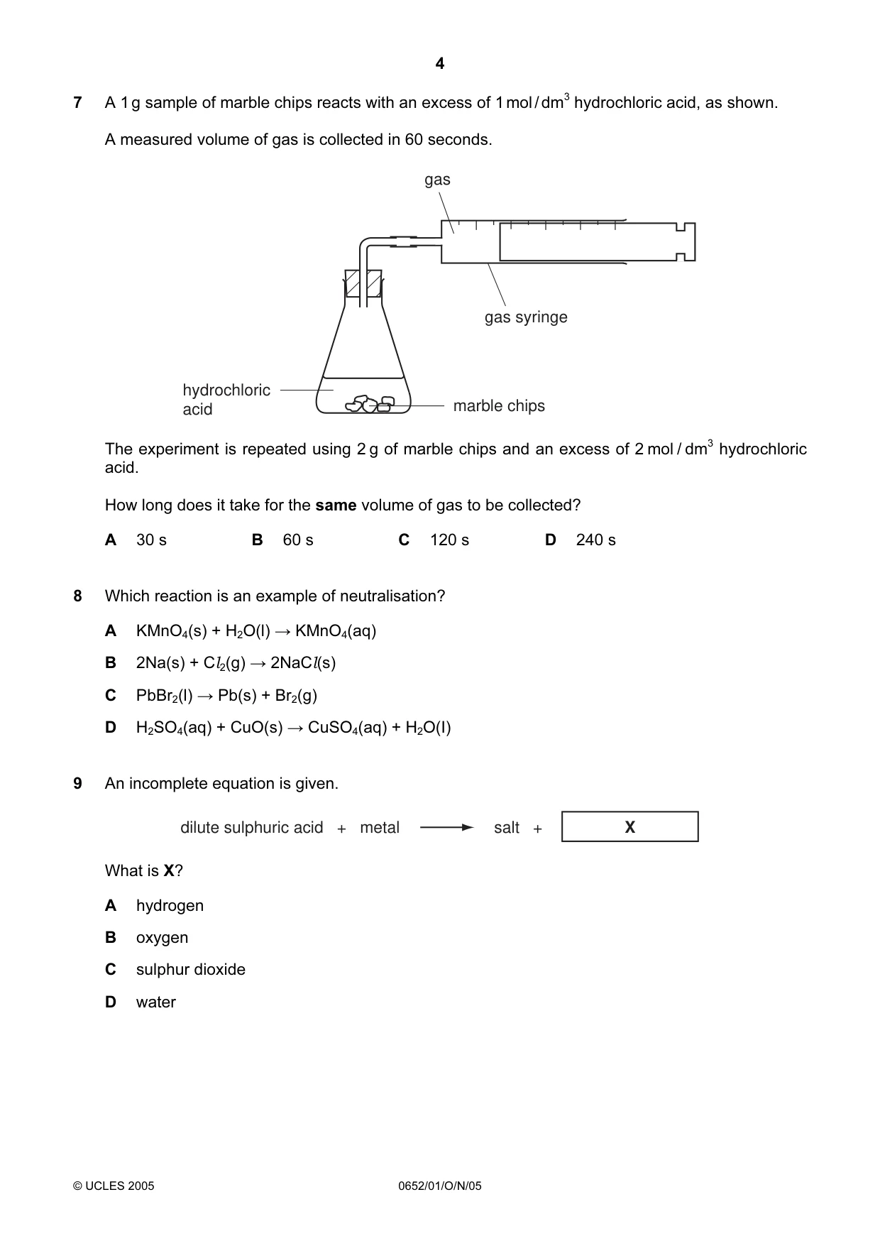 Cambridge IGCSE Physical Science 0652 2005 Oct/Nov Paper 1 · Variant 1 question paper, page 4 of 20