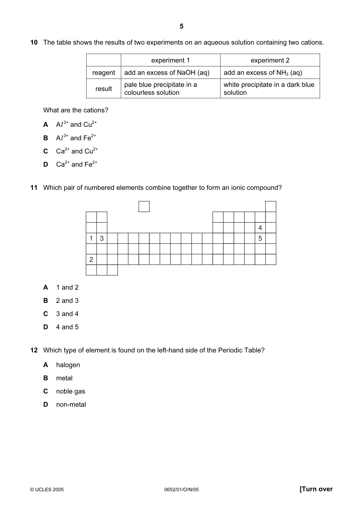 Cambridge IGCSE Physical Science 0652 2005 Oct/Nov Paper 1 · Variant 1 question paper, page 5 of 20