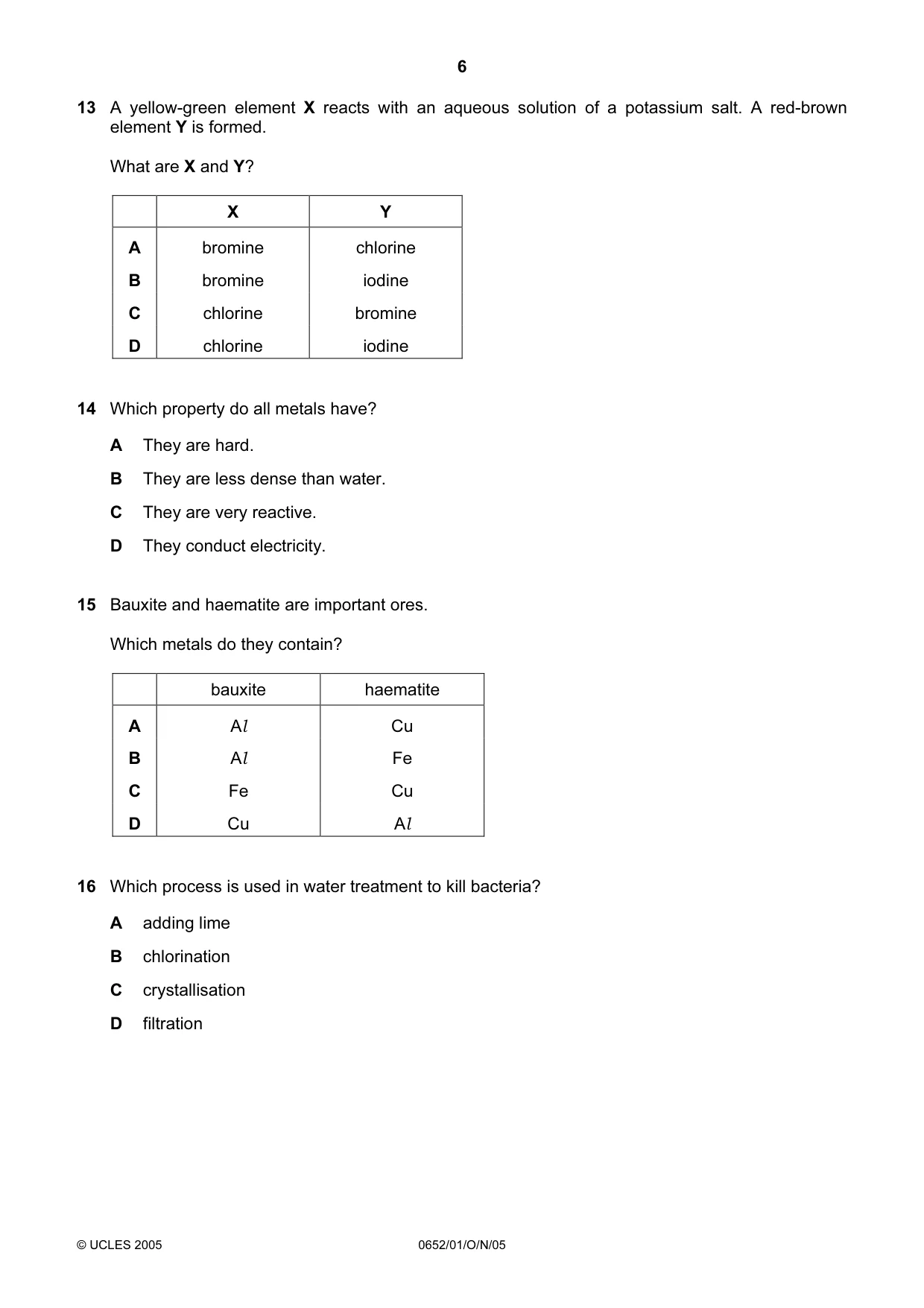 Cambridge IGCSE Physical Science 0652 2005 Oct/Nov Paper 1 · Variant 1 question paper, page 6 of 20