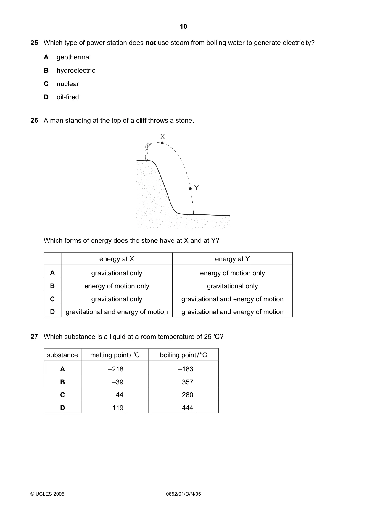 Cambridge IGCSE Physical Science 0652 2005 Oct/Nov Paper 1 · Variant 1 question paper, page 10 of 20
