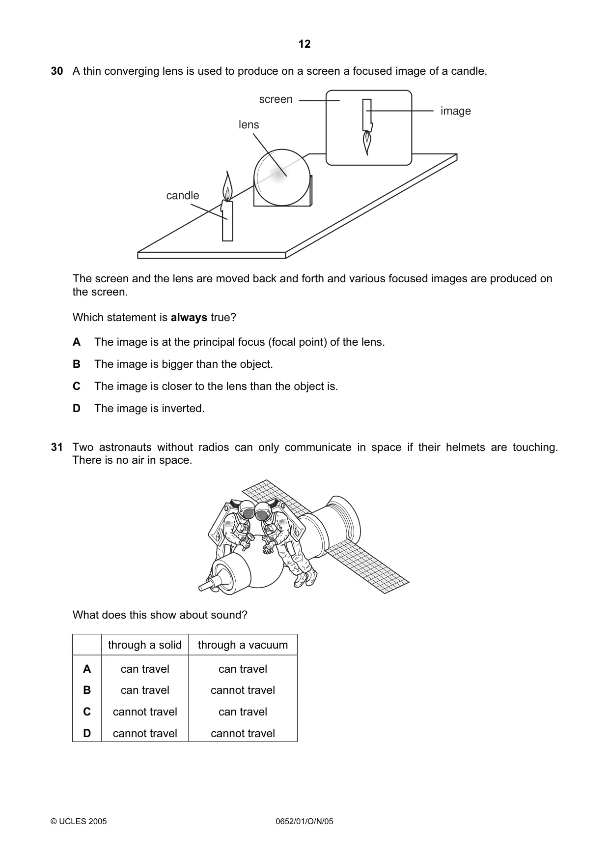 Cambridge IGCSE Physical Science 0652 2005 Oct/Nov Paper 1 · Variant 1 question paper, page 12 of 20