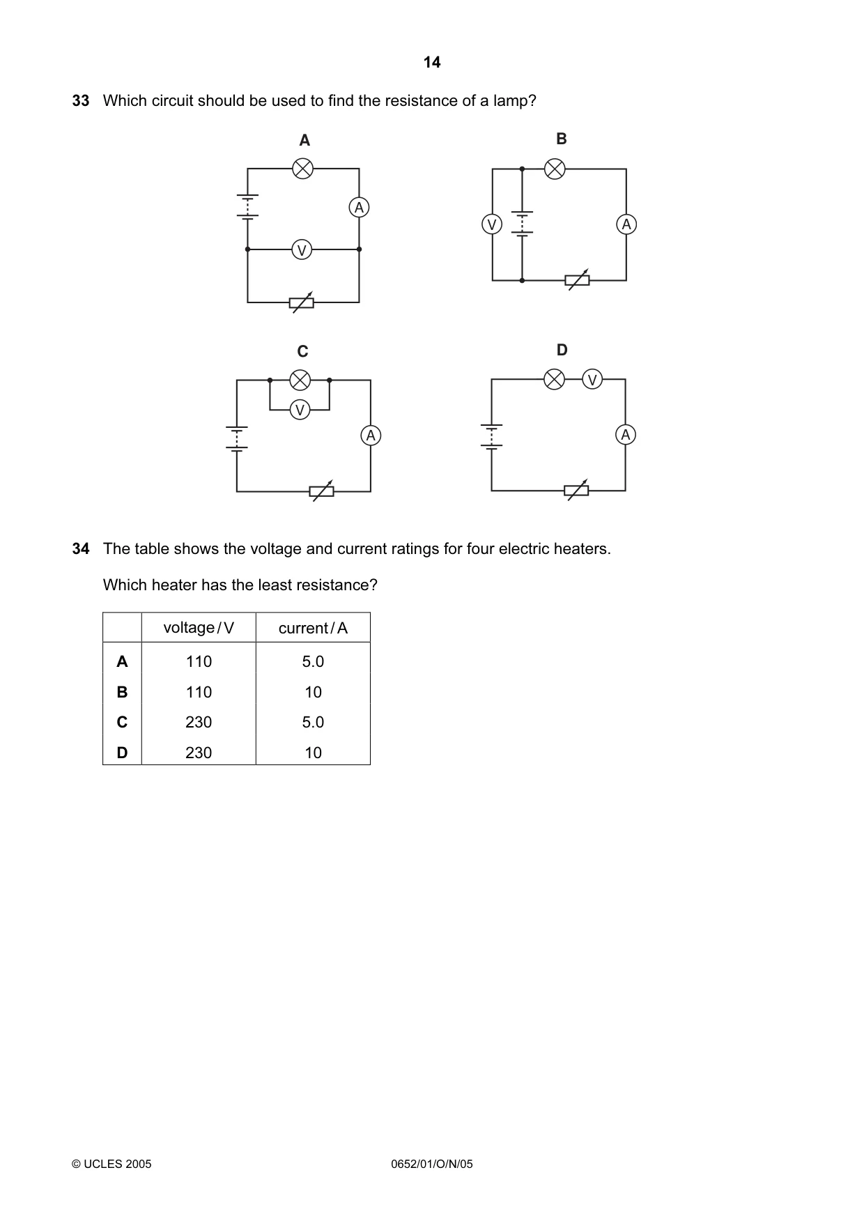 Cambridge IGCSE Physical Science 0652 2005 Oct/Nov Paper 1 · Variant 1 question paper, page 14 of 20