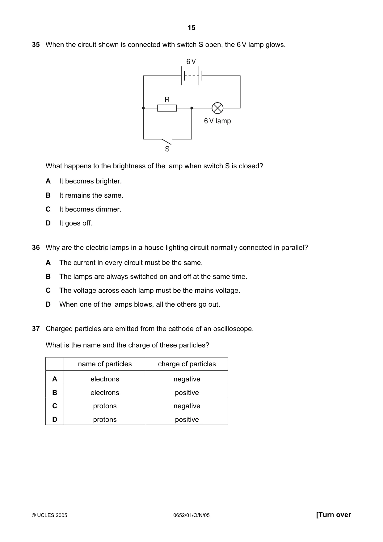 Cambridge IGCSE Physical Science 0652 2005 Oct/Nov Paper 1 · Variant 1 question paper, page 15 of 20