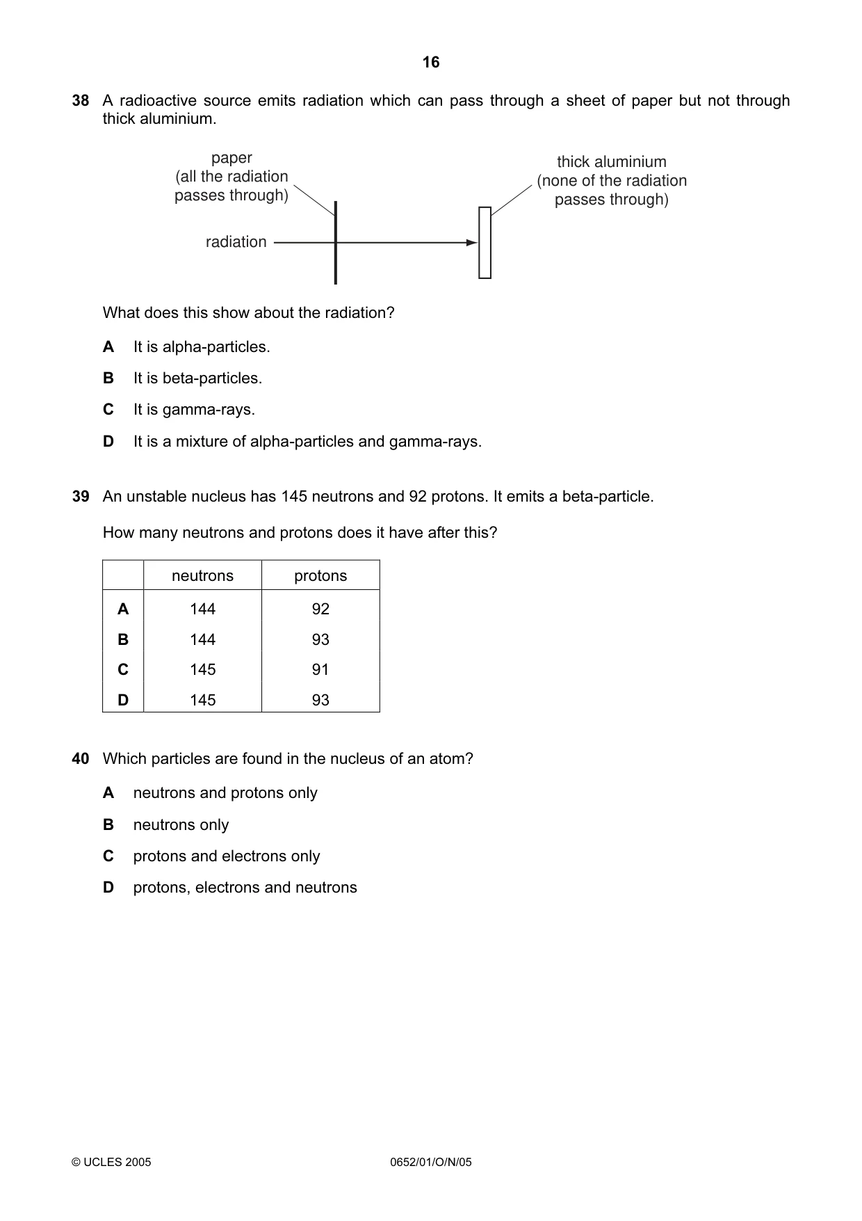 Cambridge IGCSE Physical Science 0652 2005 Oct/Nov Paper 1 · Variant 1 question paper, page 16 of 20