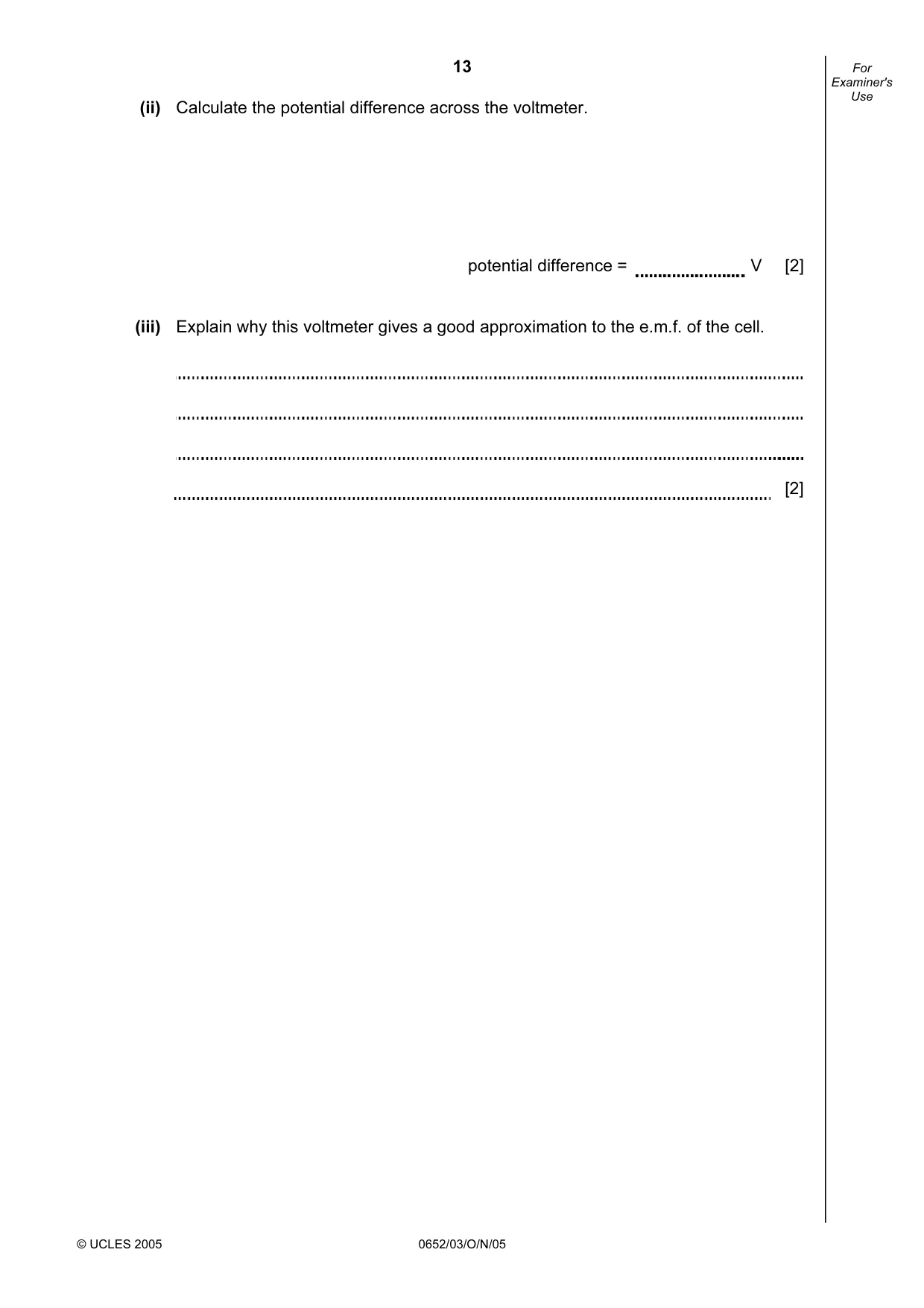 Cambridge IGCSE Physical Science 0652 2005 Oct/Nov Paper 3 · Variant 1 question paper, page 13 of 16