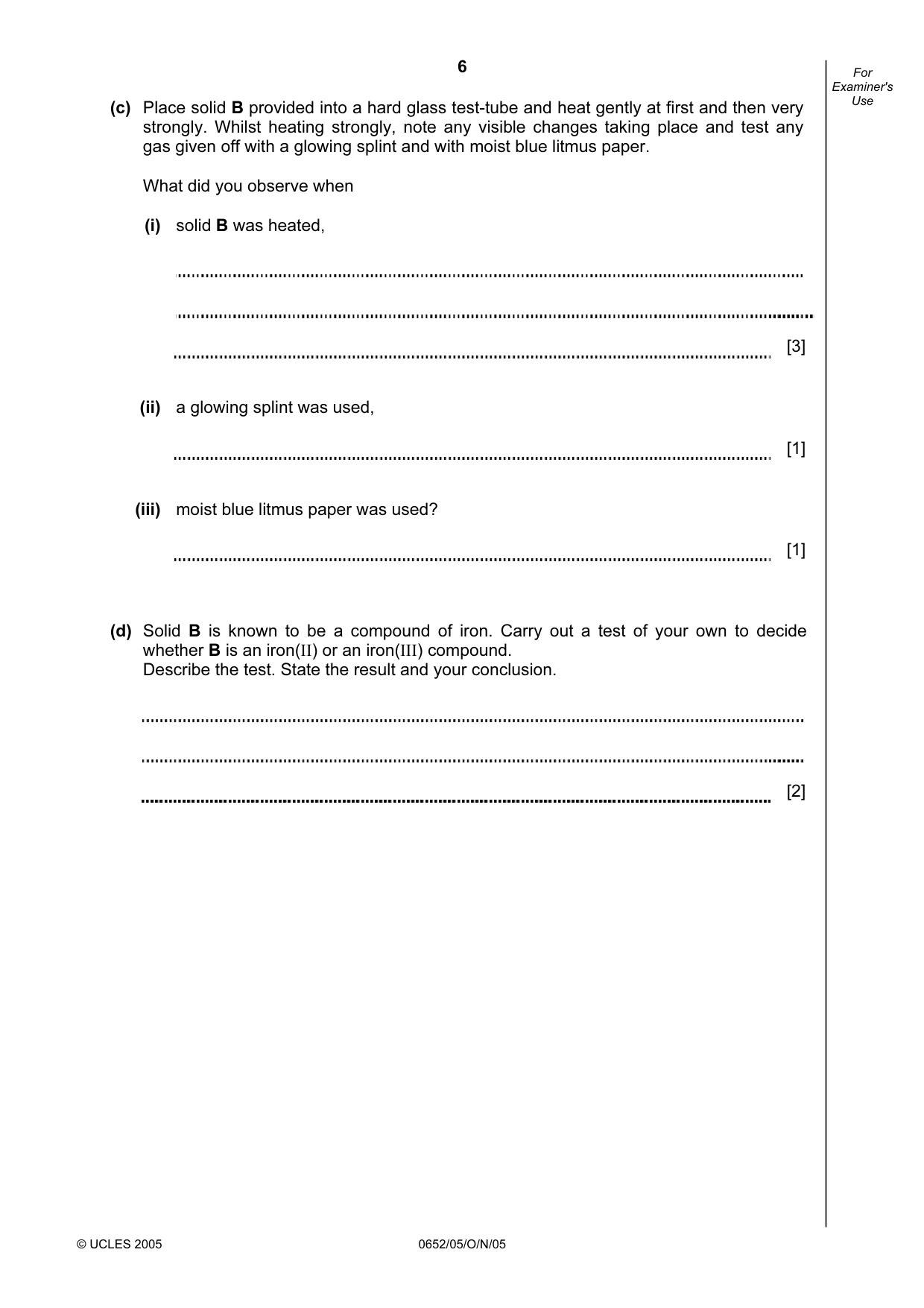 Cambridge IGCSE Physical Science 0652 2005 Oct/Nov Paper 5 · Variant 1 question paper, page 6 of 8