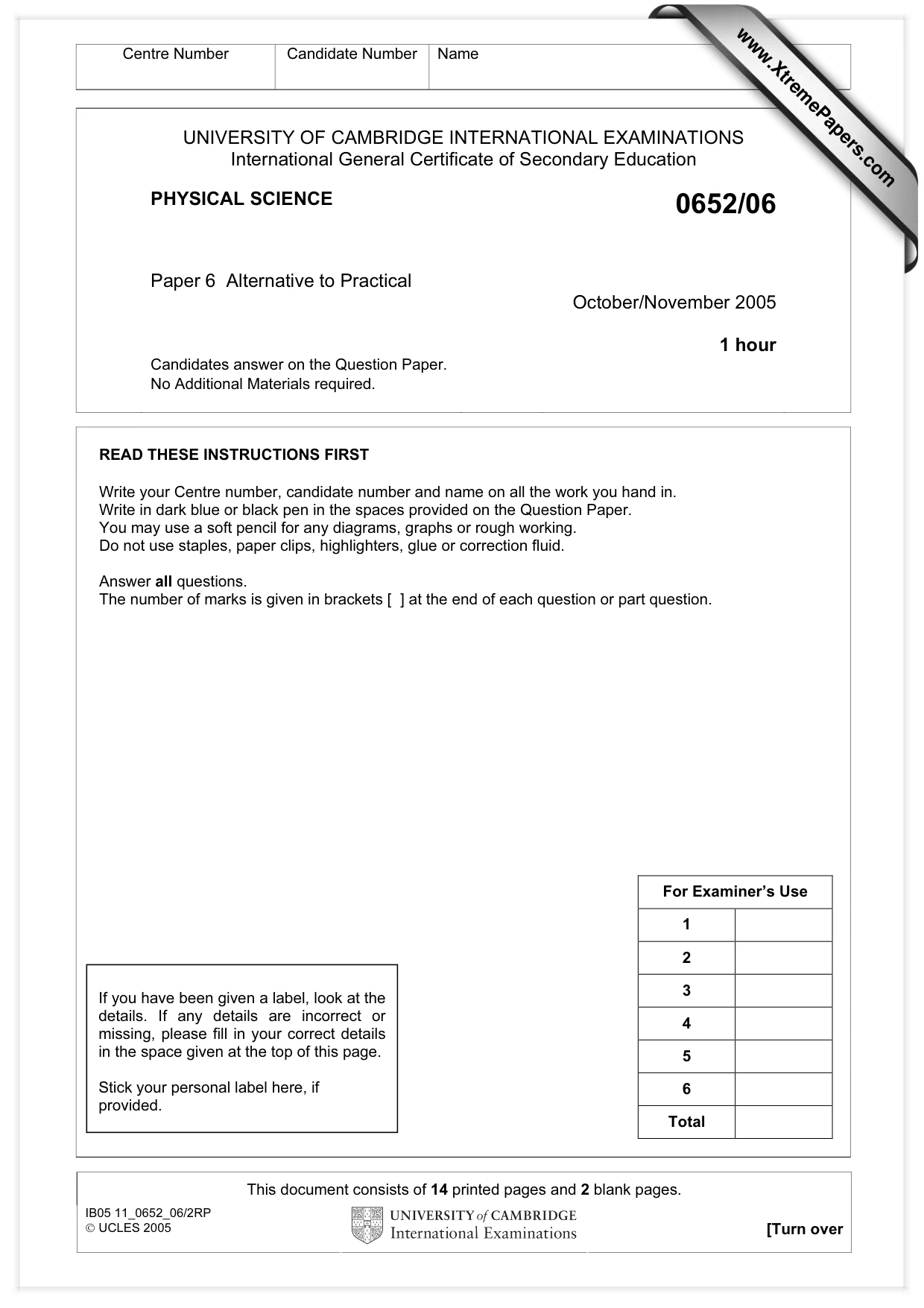 Cambridge IGCSE Physical Science 0652 2005 Oct/Nov Paper 6 · Variant 1 question paper, page 1 of 16