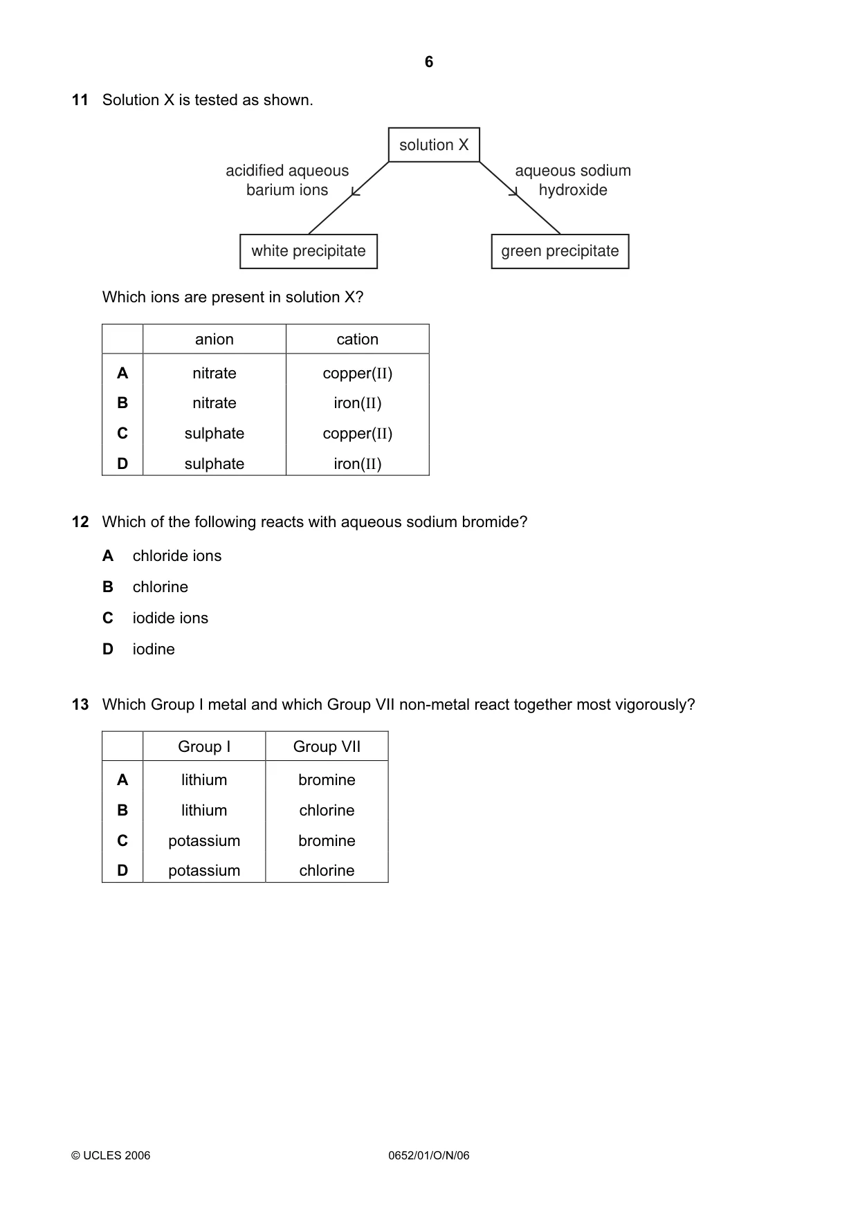 Cambridge IGCSE Physical Science 0652 2006 Oct/Nov Paper 1 · Variant 1 question paper, page 6 of 20