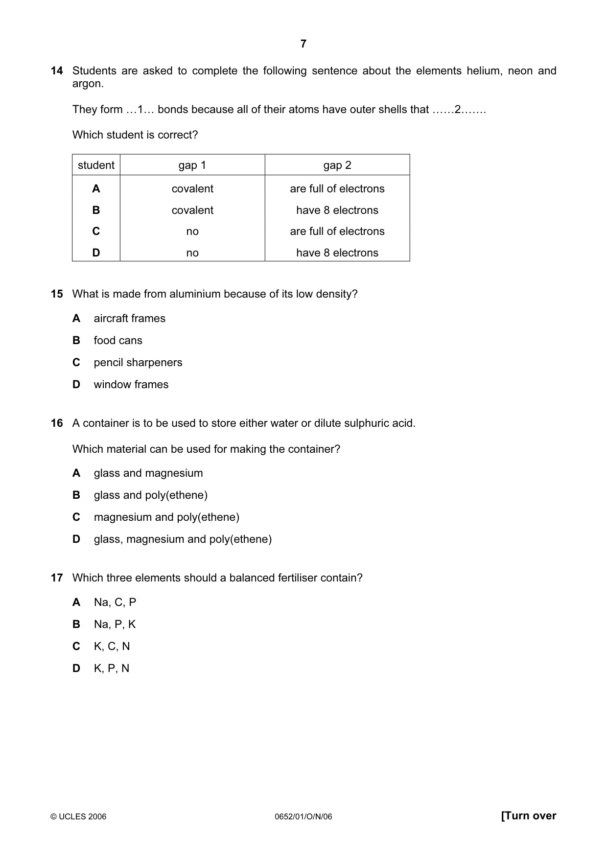 Cambridge IGCSE Physical Science 0652 2006 Oct/Nov Paper 1 · Variant 1 question paper, page 7 of 20