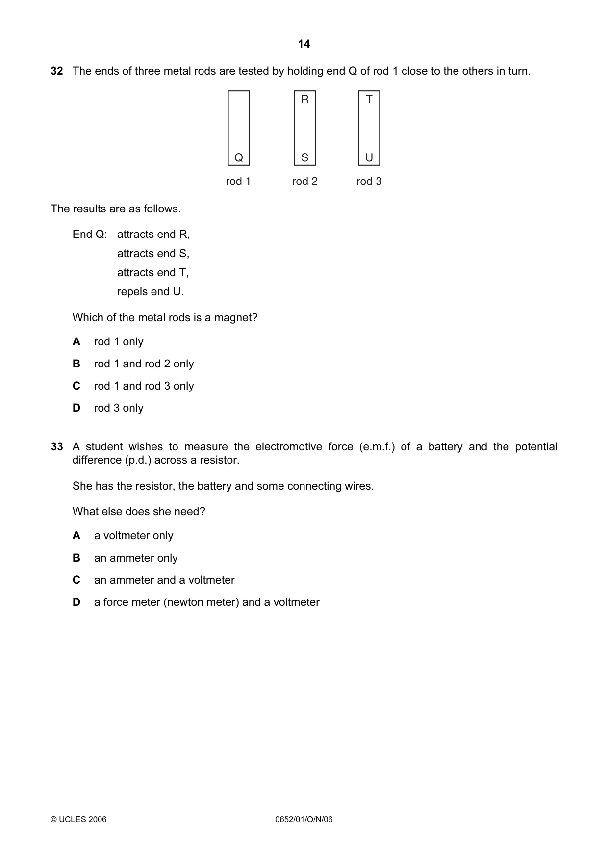 Cambridge IGCSE Physical Science 0652 2006 Oct/Nov Paper 1 · Variant 1 question paper, page 14 of 20