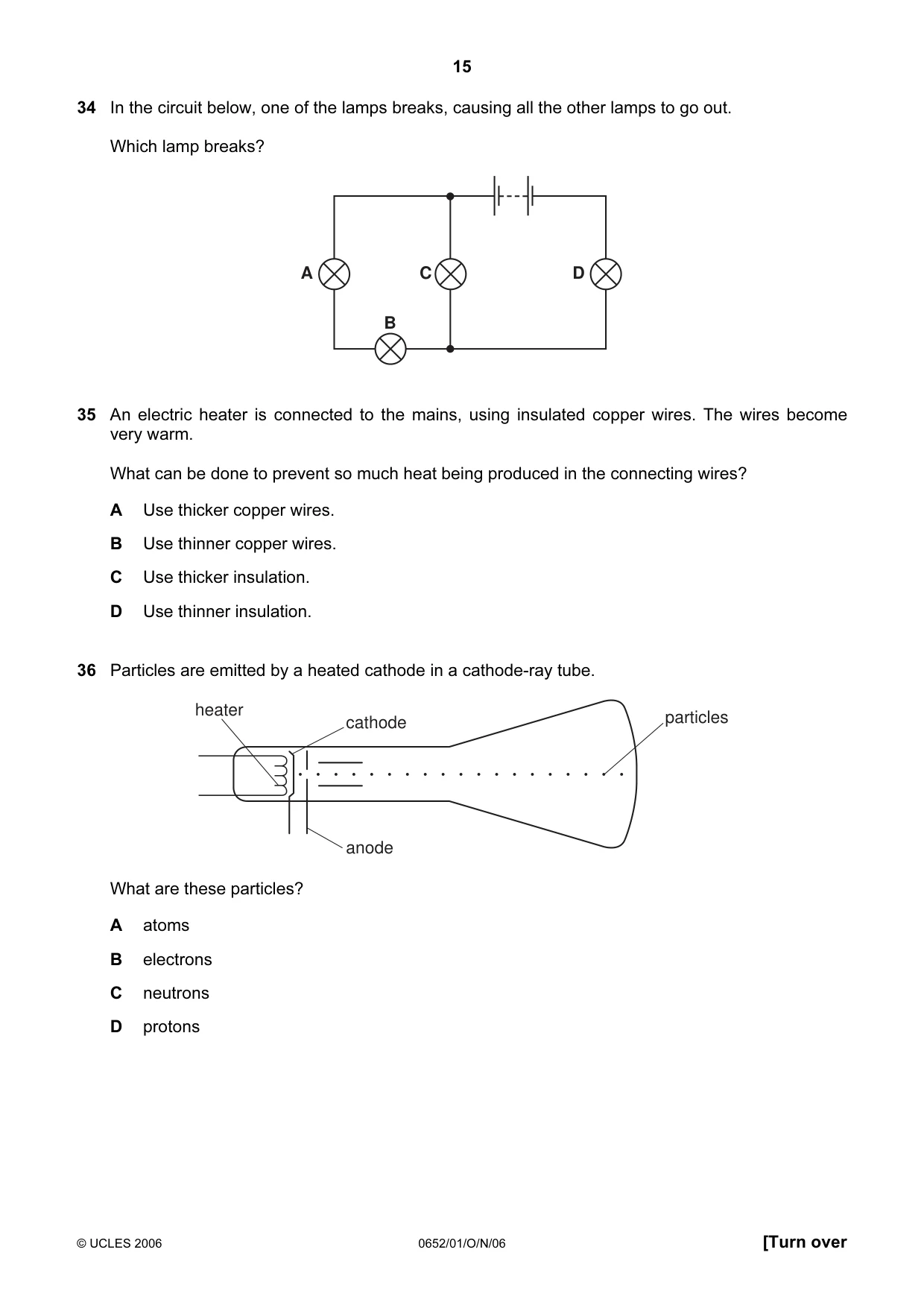 Cambridge IGCSE Physical Science 0652 2006 Oct/Nov Paper 1 · Variant 1 question paper, page 15 of 20
