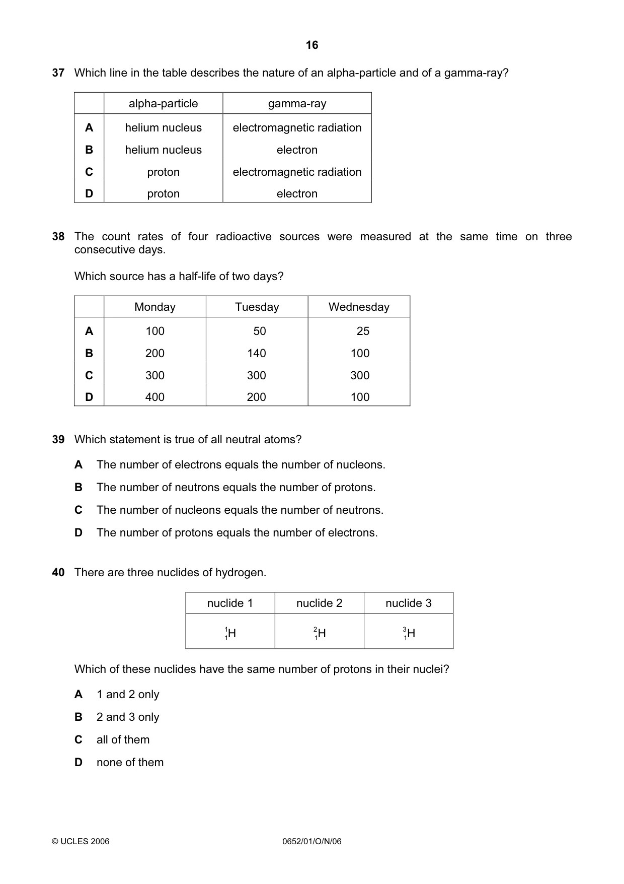 Cambridge IGCSE Physical Science 0652 2006 Oct/Nov Paper 1 · Variant 1 question paper, page 16 of 20