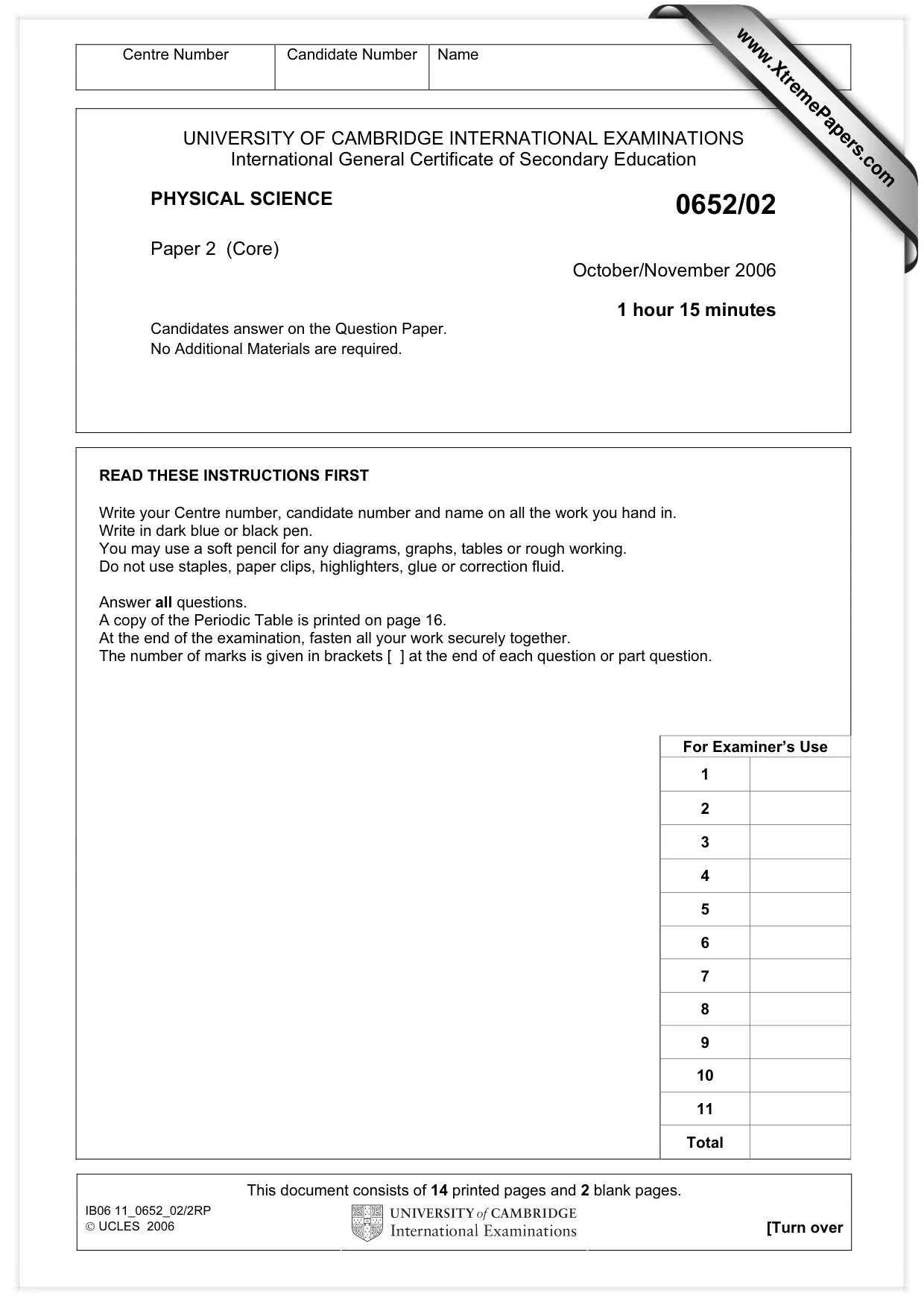 Cambridge IGCSE Physical Science 0652 2006 Oct/Nov Paper 2 · Variant 1 question paper, page 1 of 16