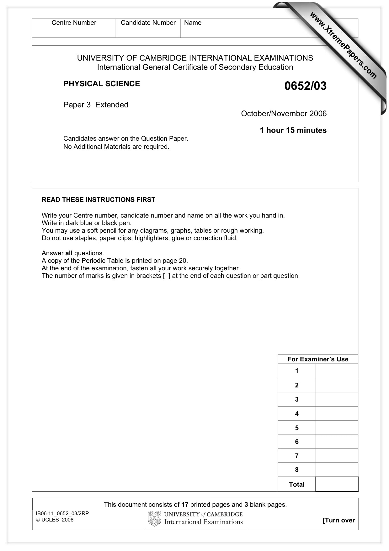Cambridge IGCSE Physical Science 0652 2006 Oct/Nov Paper 3 · Variant 1 question paper, page 1 of 20