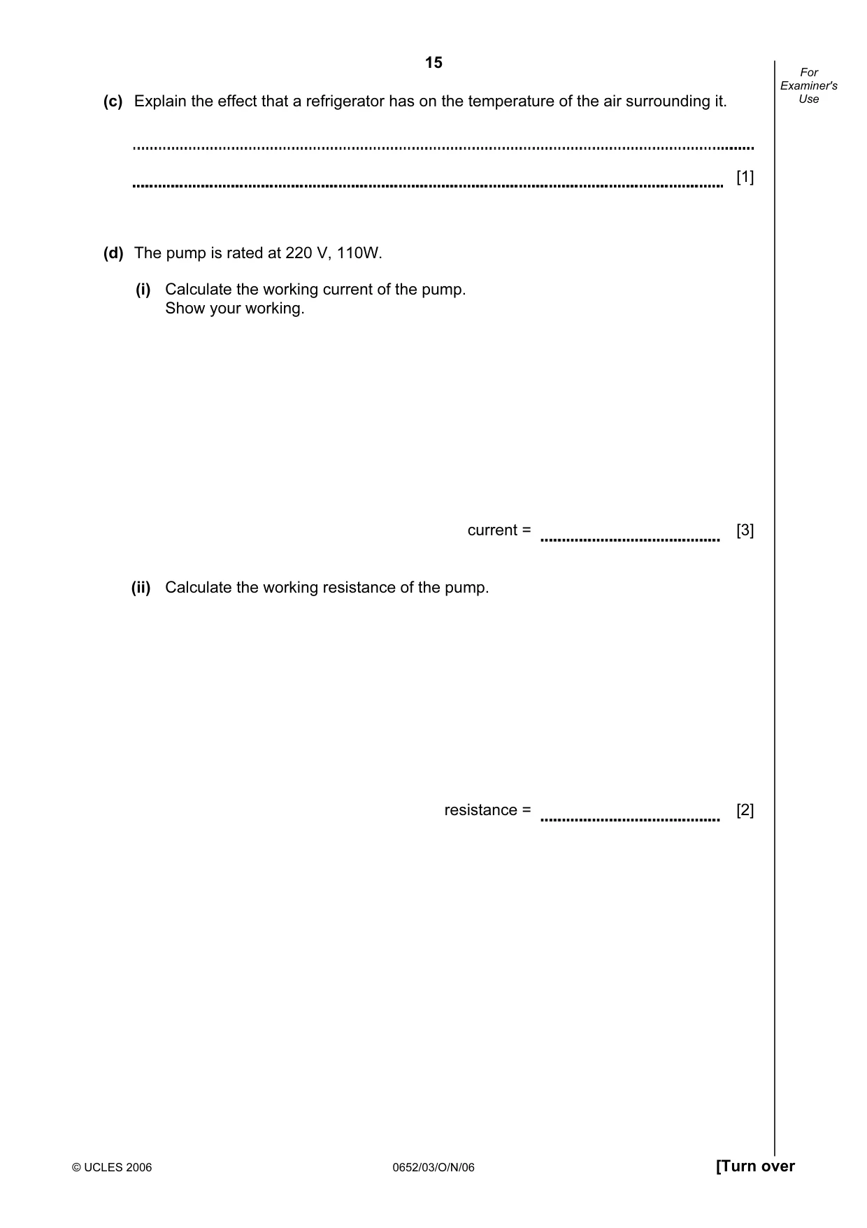 Cambridge IGCSE Physical Science 0652 2006 Oct/Nov Paper 3 · Variant 1 question paper, page 15 of 20