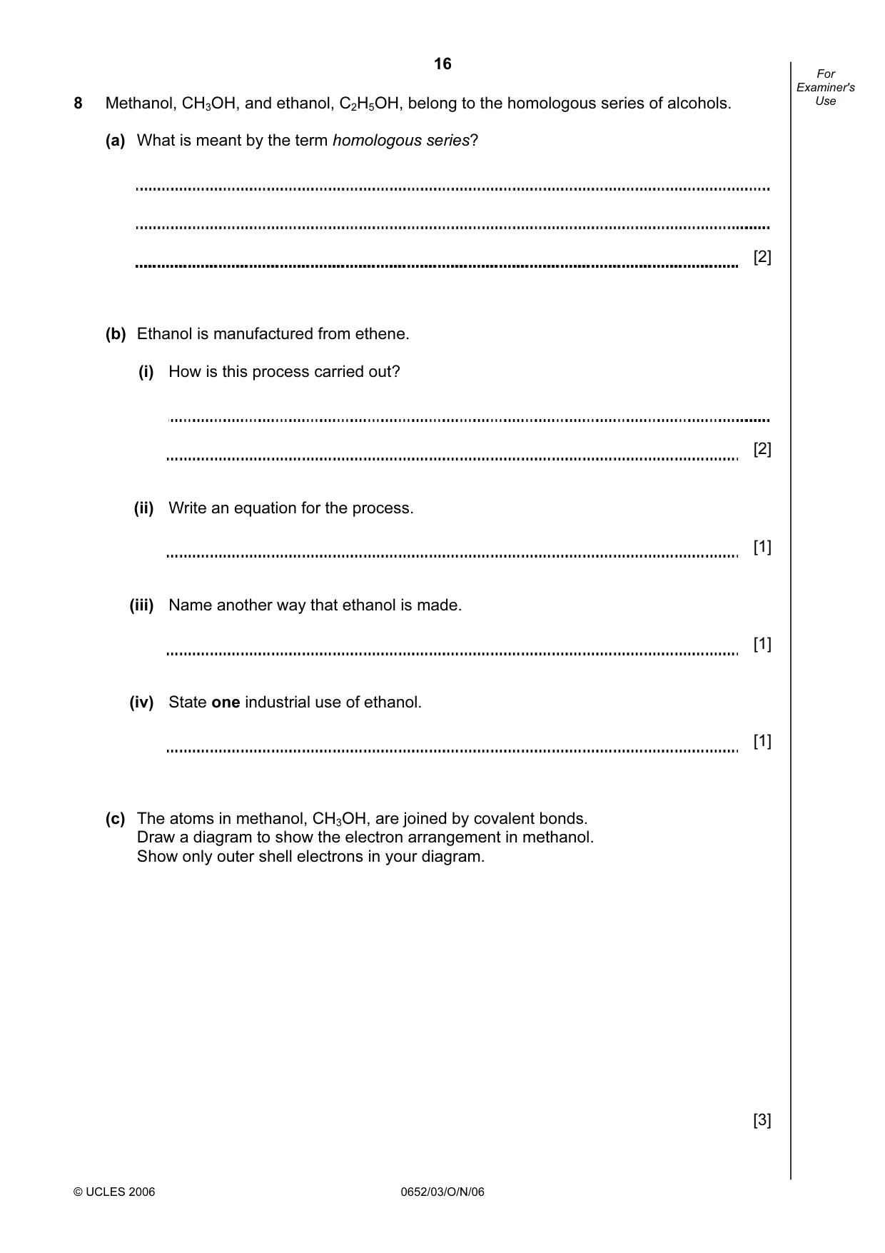 Cambridge IGCSE Physical Science 0652 2006 Oct/Nov Paper 3 · Variant 1 question paper, page 16 of 20