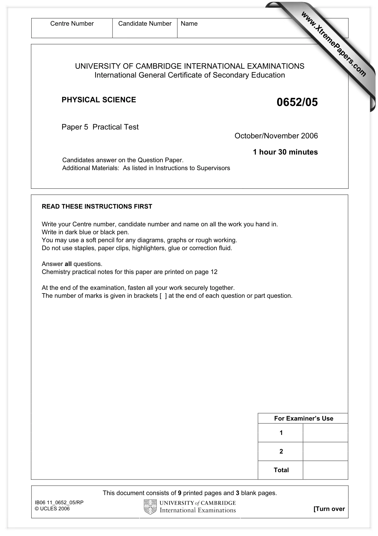 Cambridge IGCSE Physical Science 0652 2006 Oct/Nov Paper 5 · Variant 1 question paper, page 1 of 12