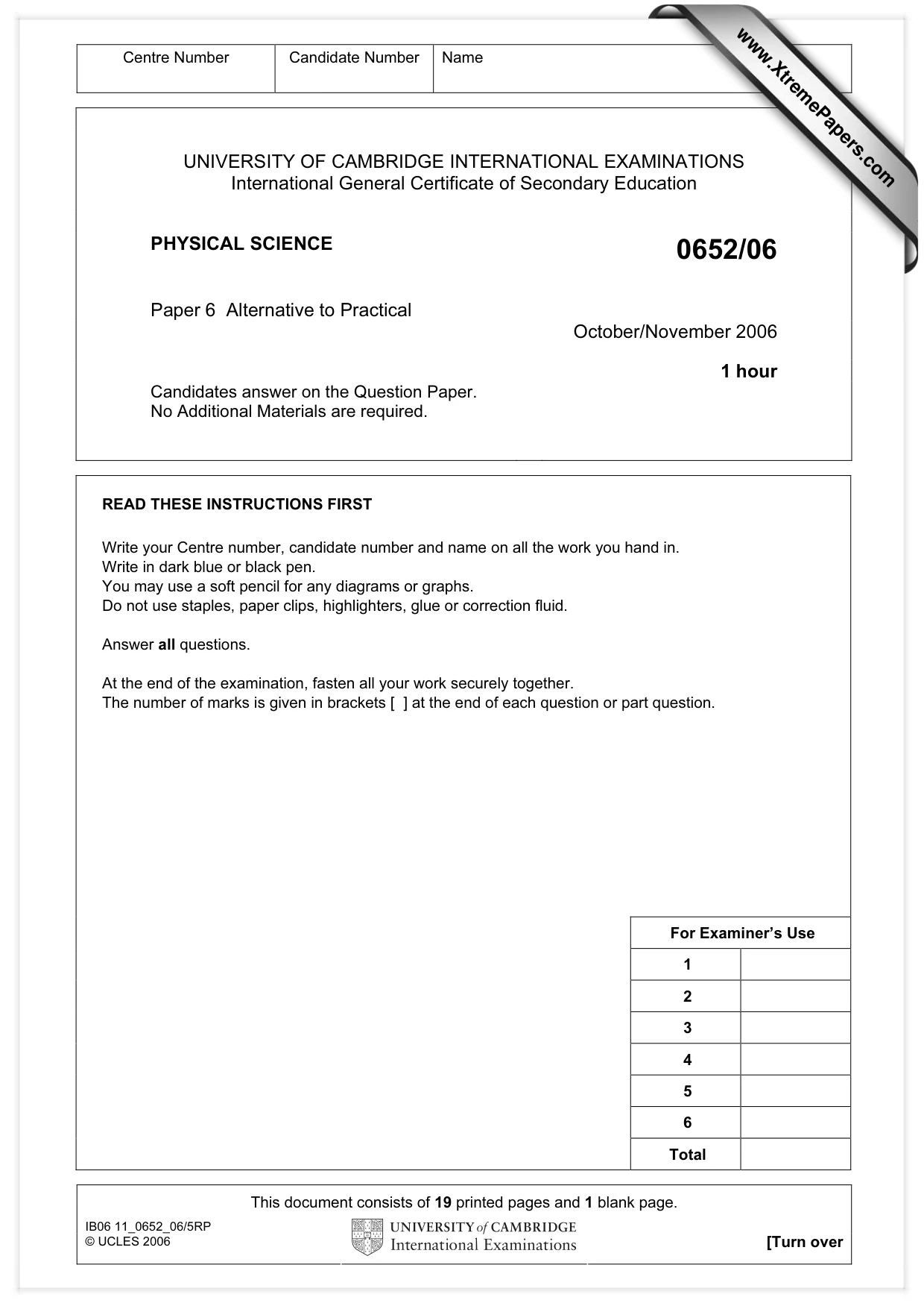 Cambridge IGCSE Physical Science 0652 2006 Oct/Nov Paper 6 · Variant 1 question paper, page 1 of 20