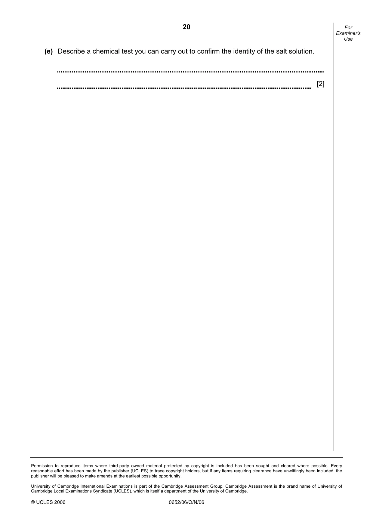 Cambridge IGCSE Physical Science 0652 2006 Oct/Nov Paper 6 · Variant 1 question paper, page 20 of 20
