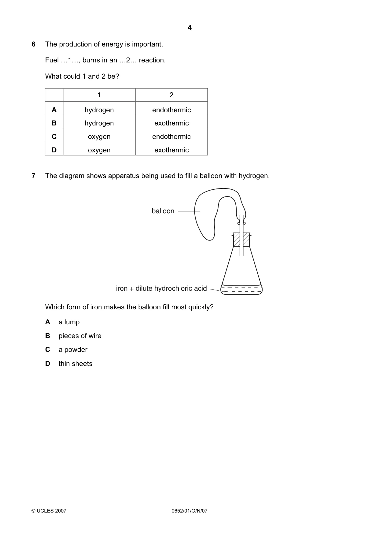 Cambridge IGCSE Physical Science 0652 2007 Oct/Nov Paper 1 · Variant 1 question paper, page 4 of 20