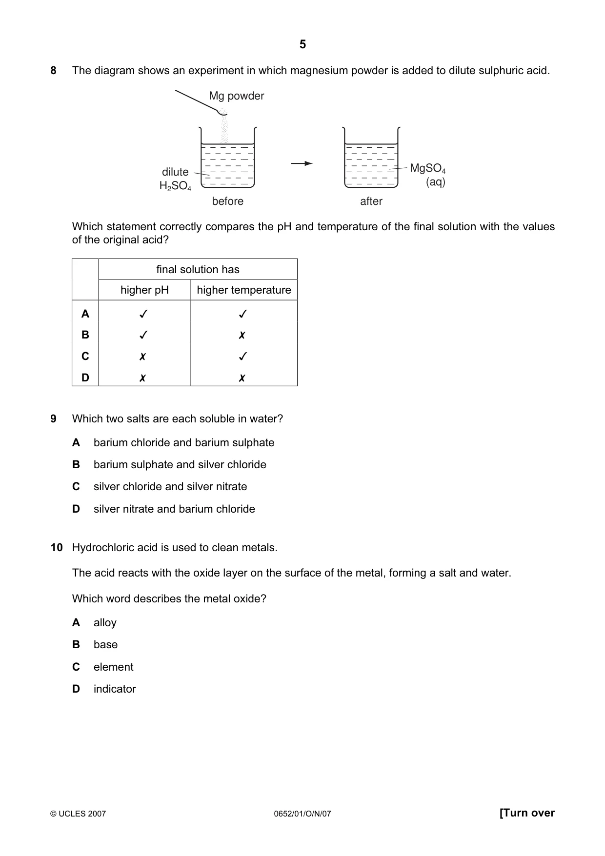 Cambridge IGCSE Physical Science 0652 2007 Oct/Nov Paper 1 · Variant 1 question paper, page 5 of 20