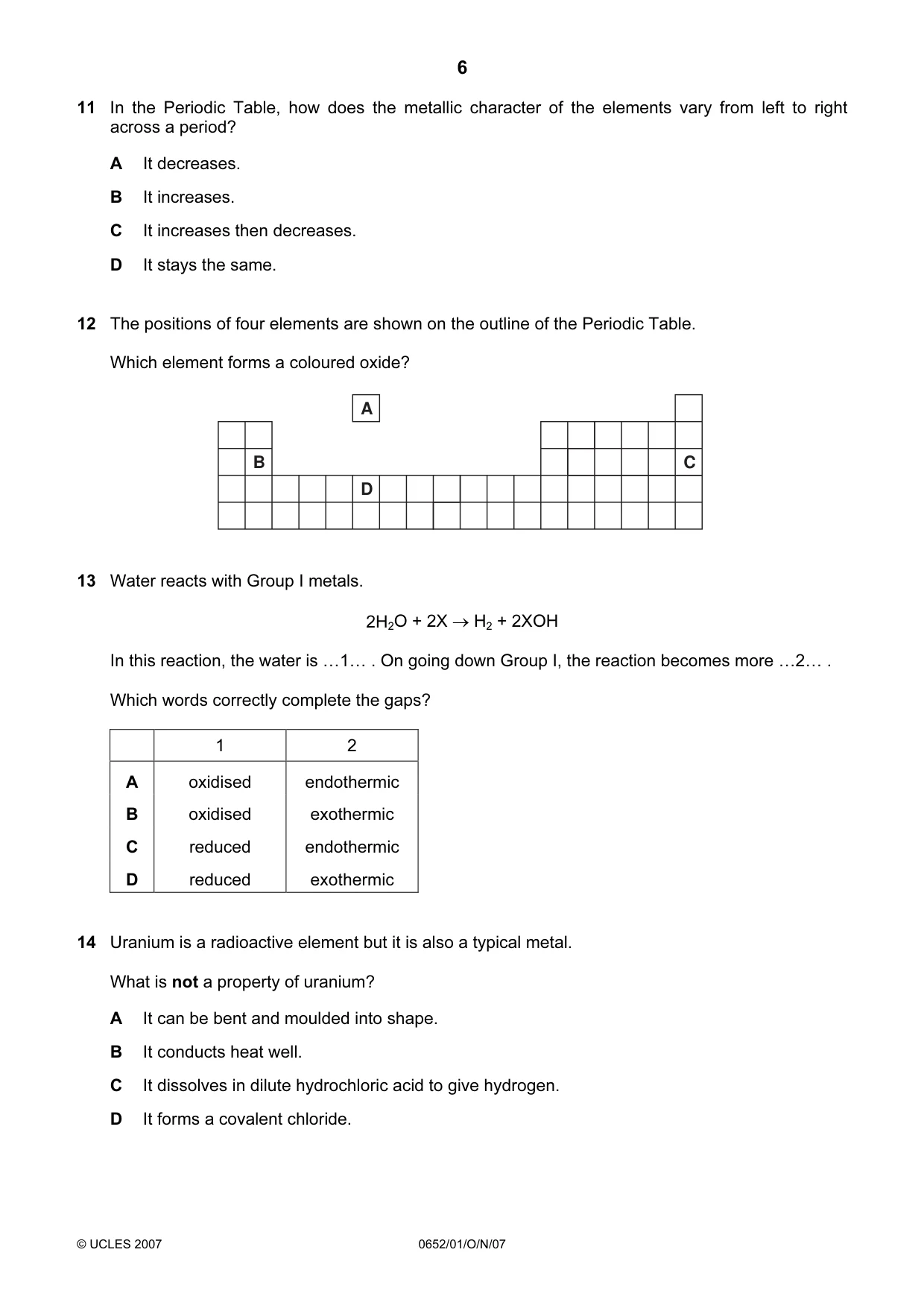 Cambridge IGCSE Physical Science 0652 2007 Oct/Nov Paper 1 · Variant 1 question paper, page 6 of 20