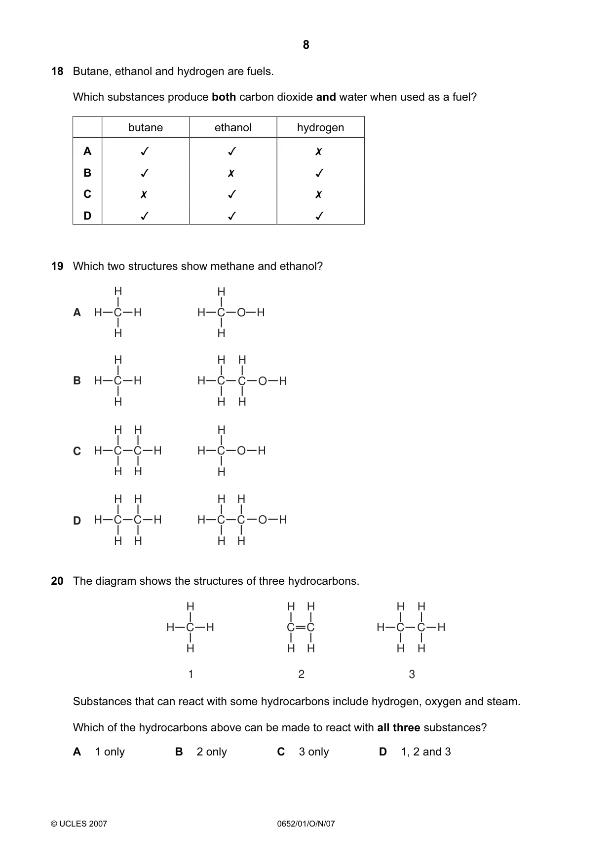 Cambridge IGCSE Physical Science 0652 2007 Oct/Nov Paper 1 · Variant 1 question paper, page 8 of 20