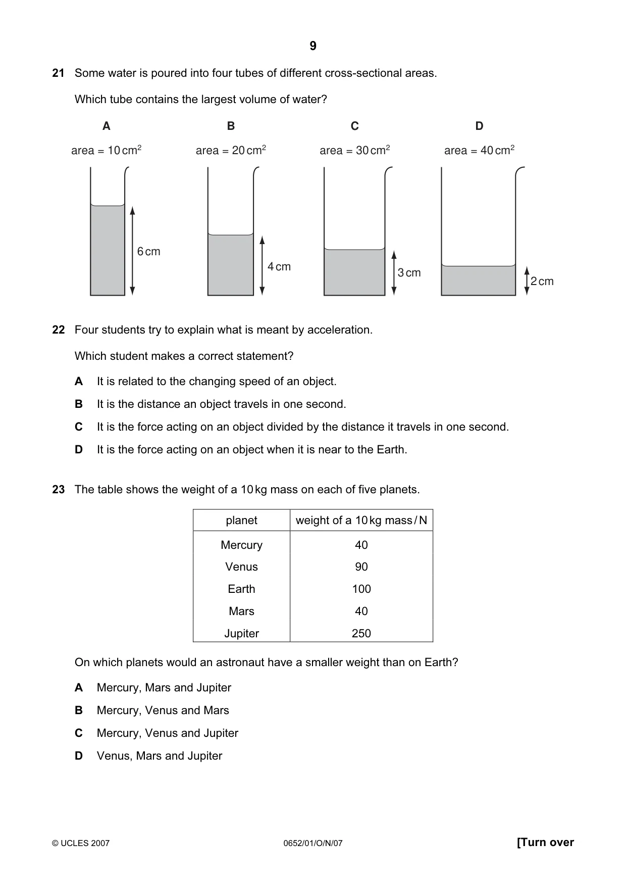 Cambridge IGCSE Physical Science 0652 2007 Oct/Nov Paper 1 · Variant 1 question paper, page 9 of 20