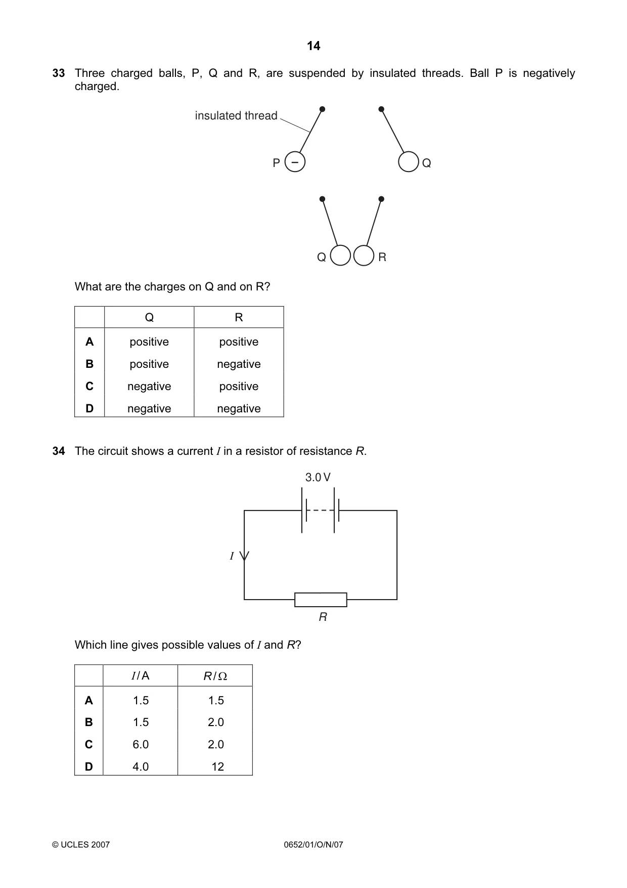 Cambridge IGCSE Physical Science 0652 2007 Oct/Nov Paper 1 · Variant 1 question paper, page 14 of 20
